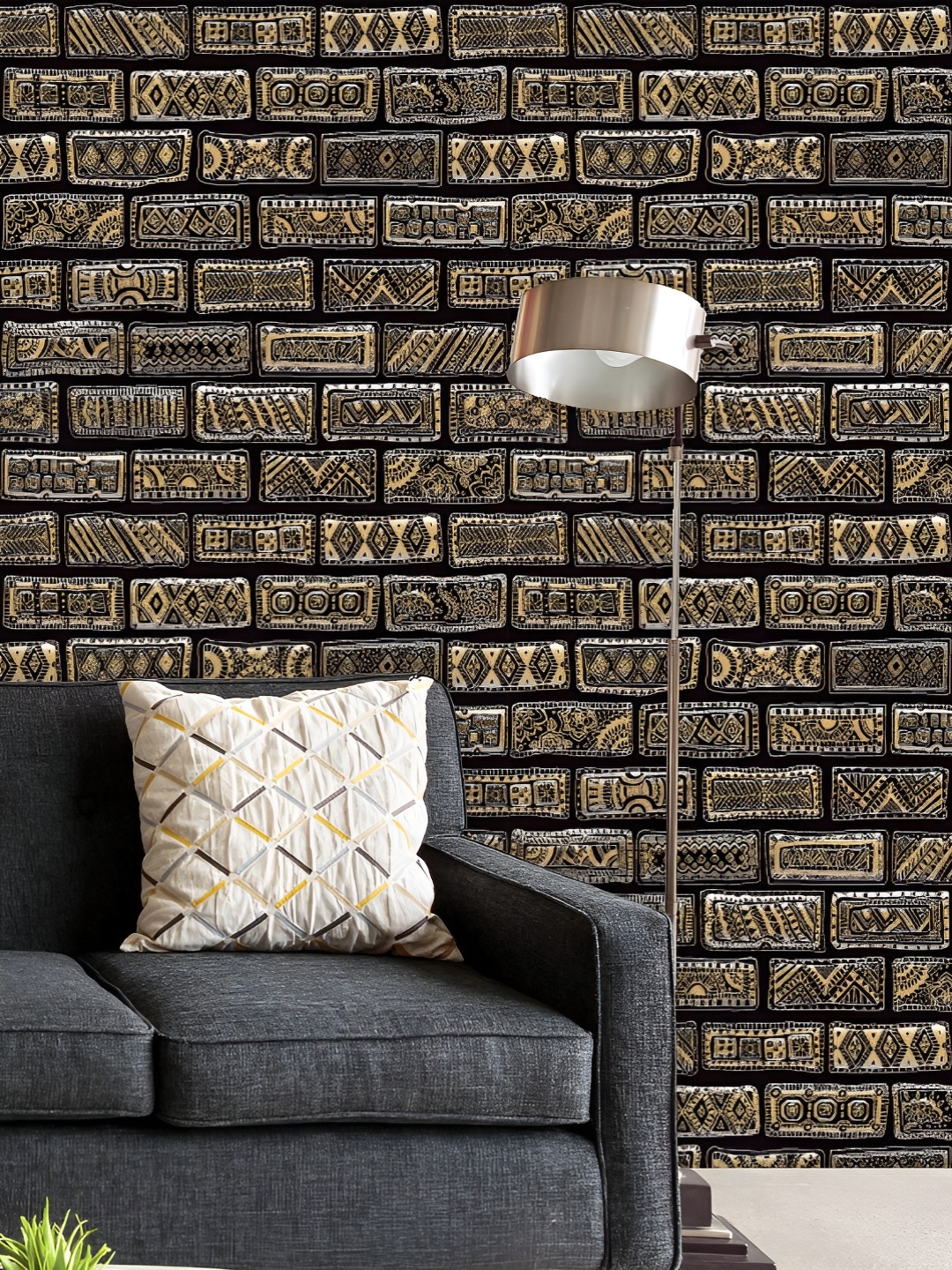 

ArtzFolio Printed UV-Resistant Anti-Bacterial Ornamental Golden Bricks Pattern Peel & Stick Wallpaper, Multi