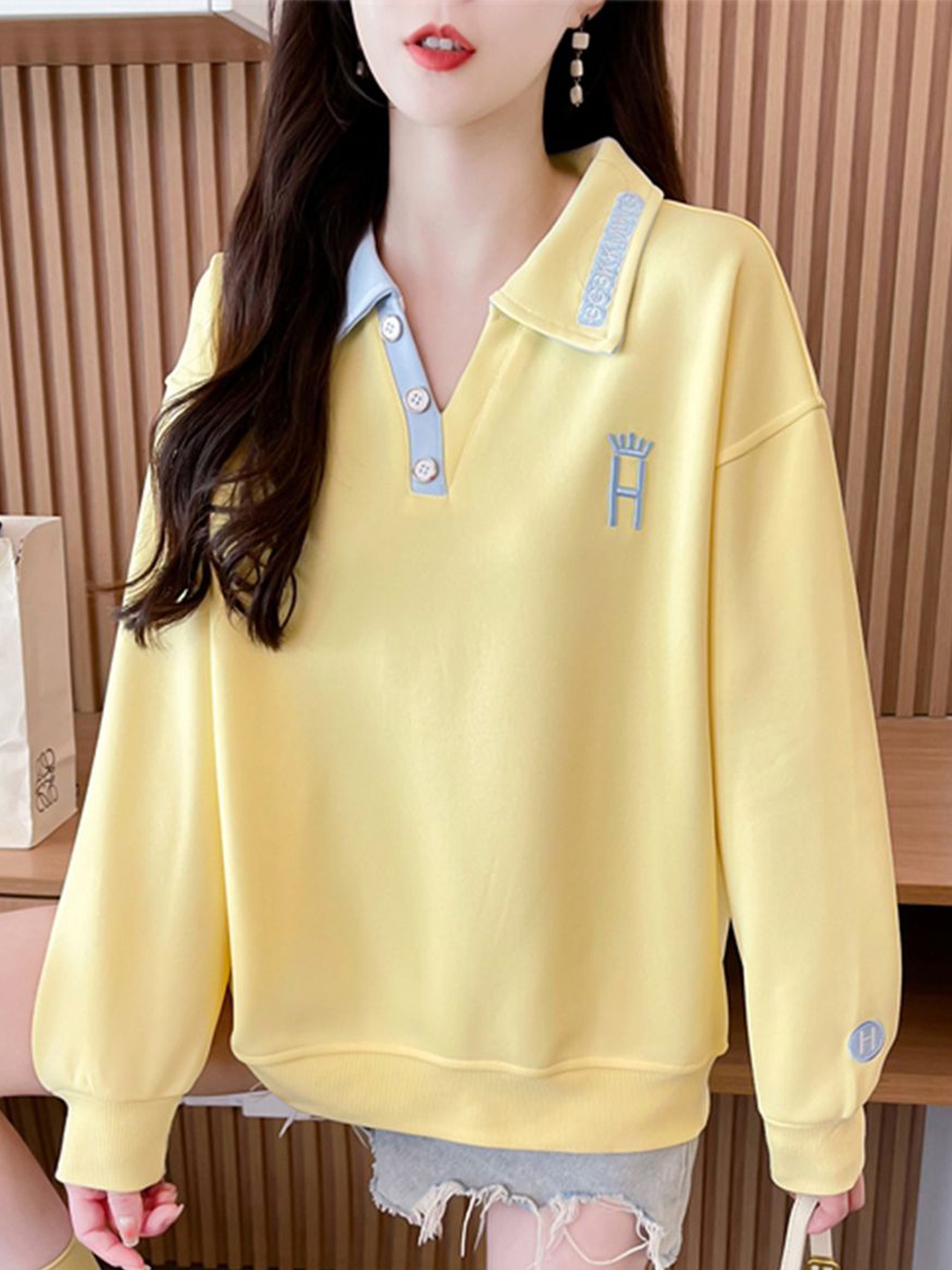 

JC Mode Women Shirt Collar Pullover Sweatshirt, Yellow