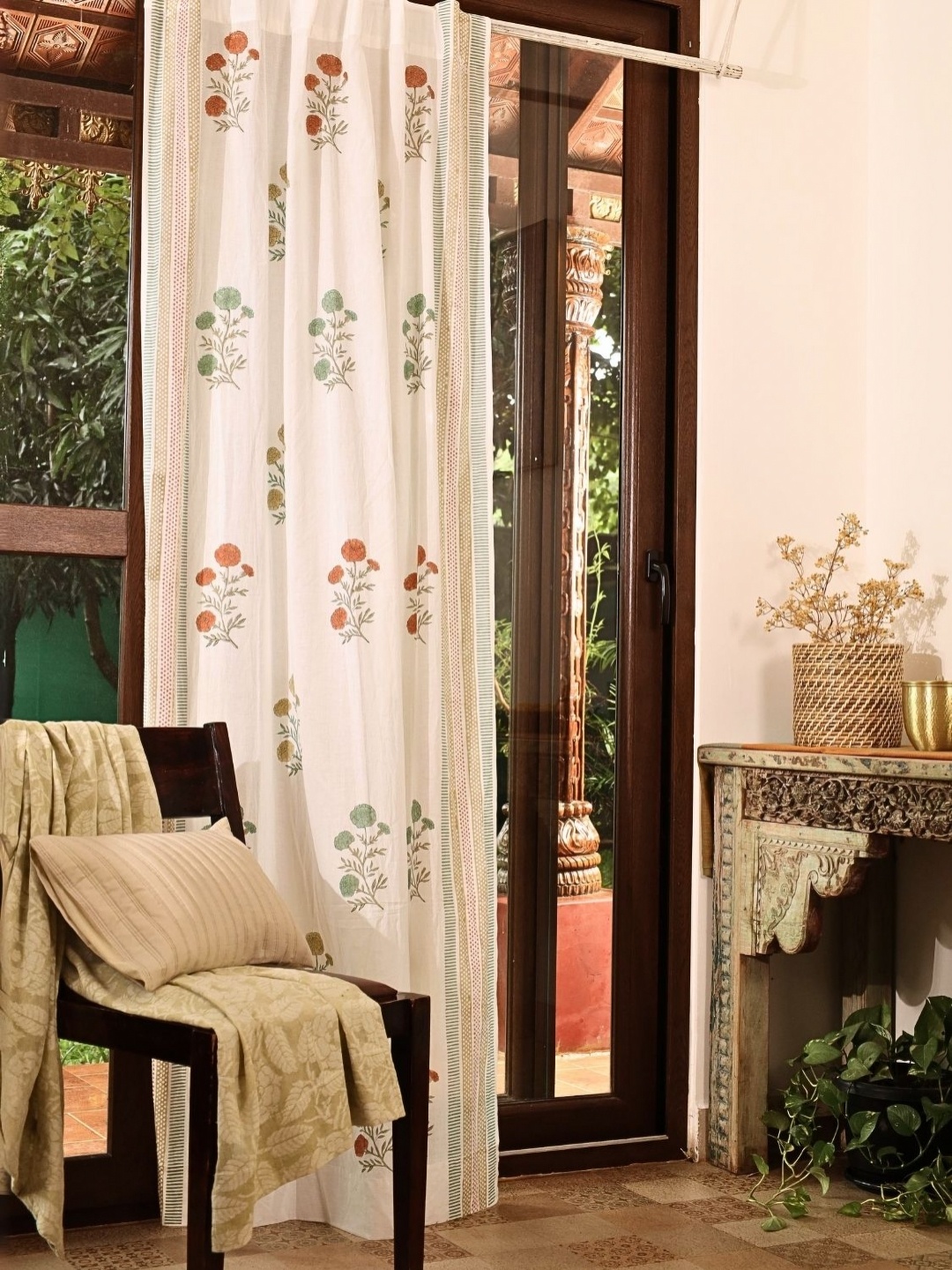

Peepul Tree Beige & Mustard Floral Sheer Door Curtain, White