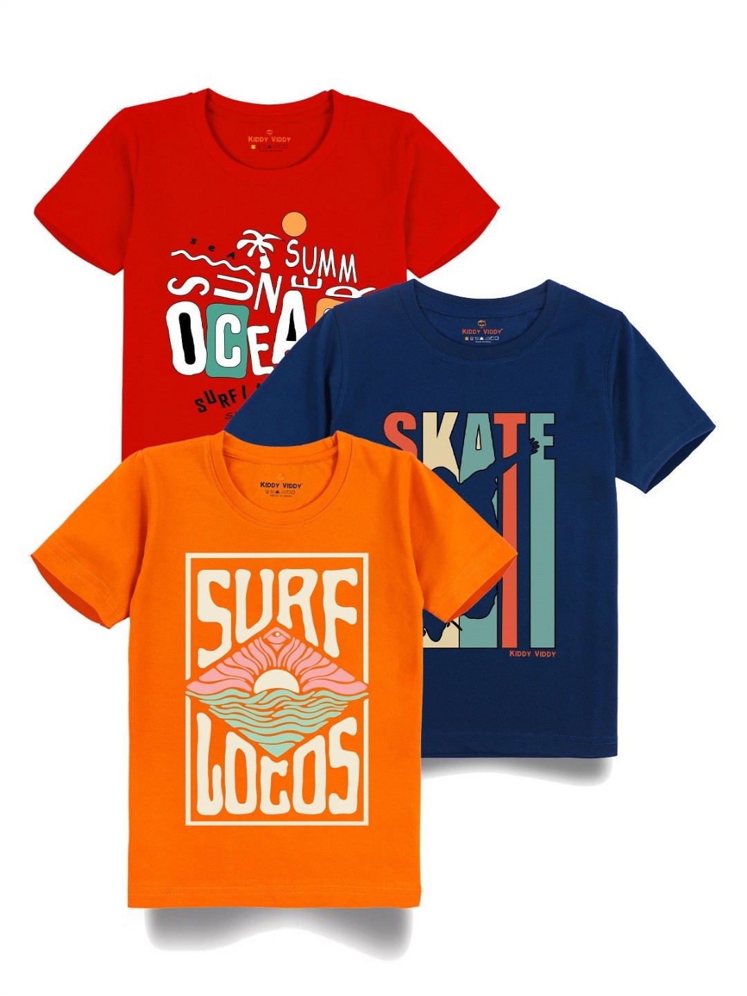 

Kiddy Viddy Boys Pack Of 3 Typography Printed Round Neck Cotton T-shirts, Navy blue