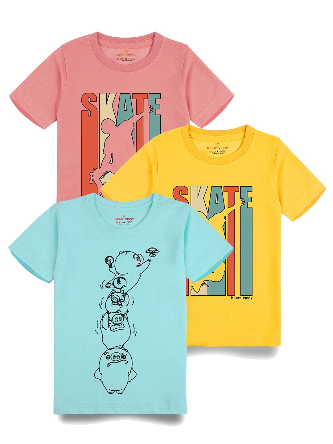 

Kiddy Viddy Boys Pack Of 3 Typography Printed Round Neck Cotton T-shirts, Yellow