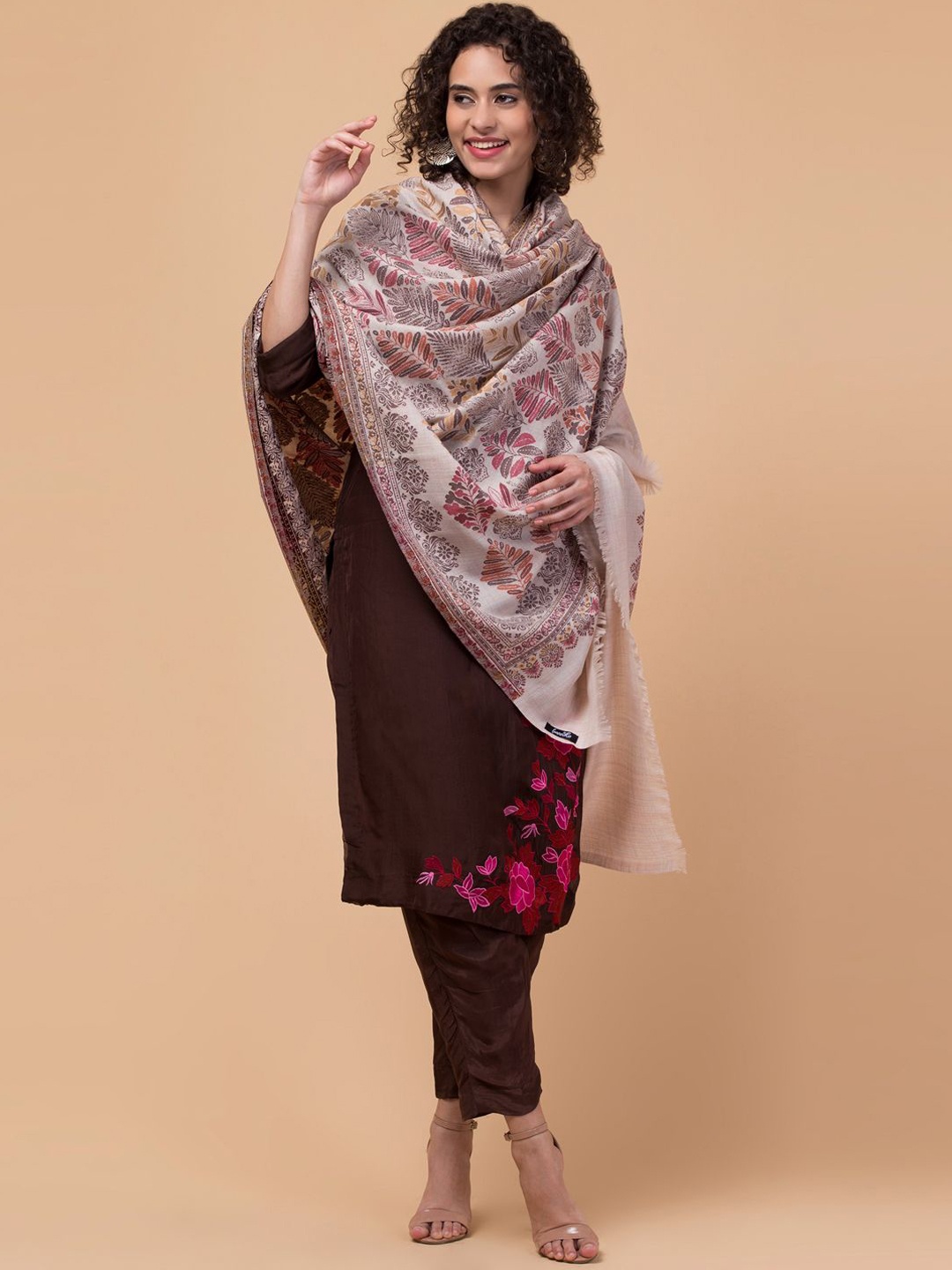 

Tweedle Ethnic Motifs Woven Design Woollen Shawl, Off white