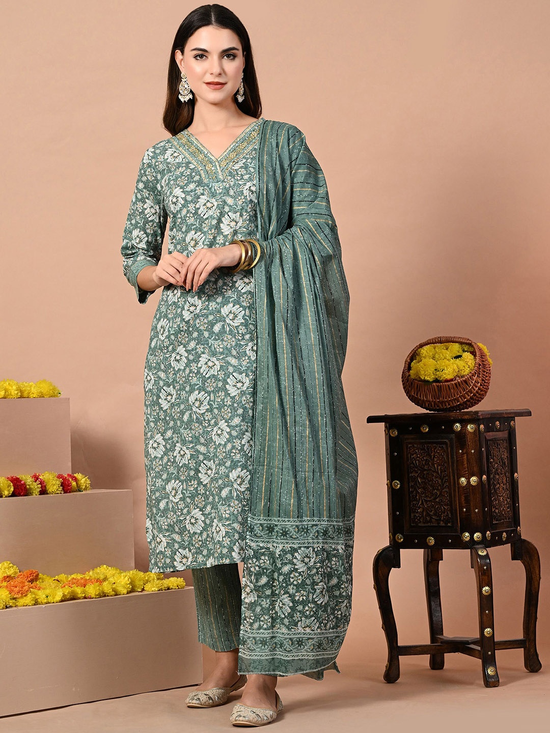 

KALINI Floral Printed Sequinned Kurta with Trouser & Dupatta, Green