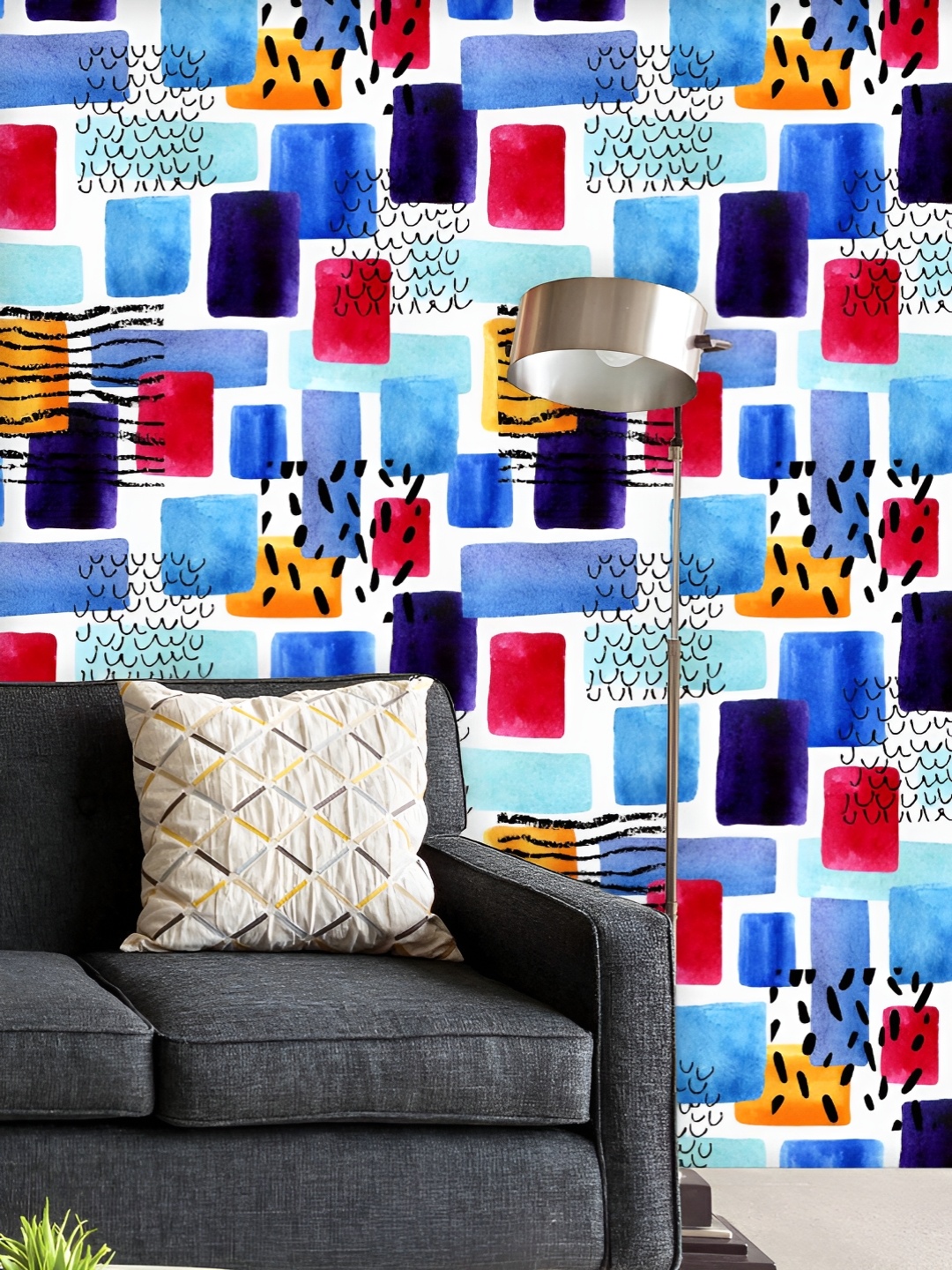 

ArtzFolio Printed UV-Resistant Anti-Bacterial Watercolor Rectangles With Doodles Peel & Stick Wallpaper, Multi