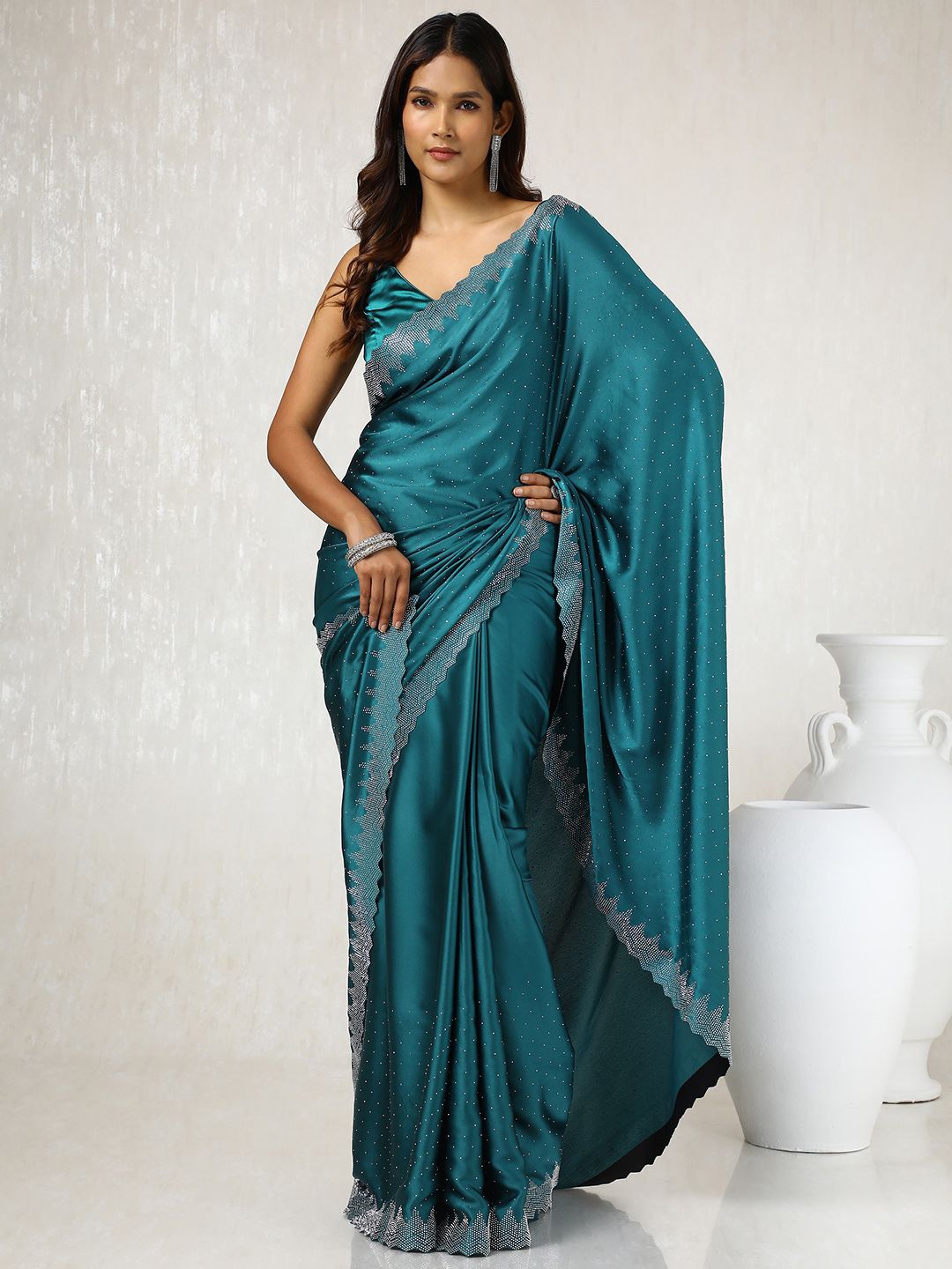 

Soch Embellished Beads and Stones Satin Saree, Teal