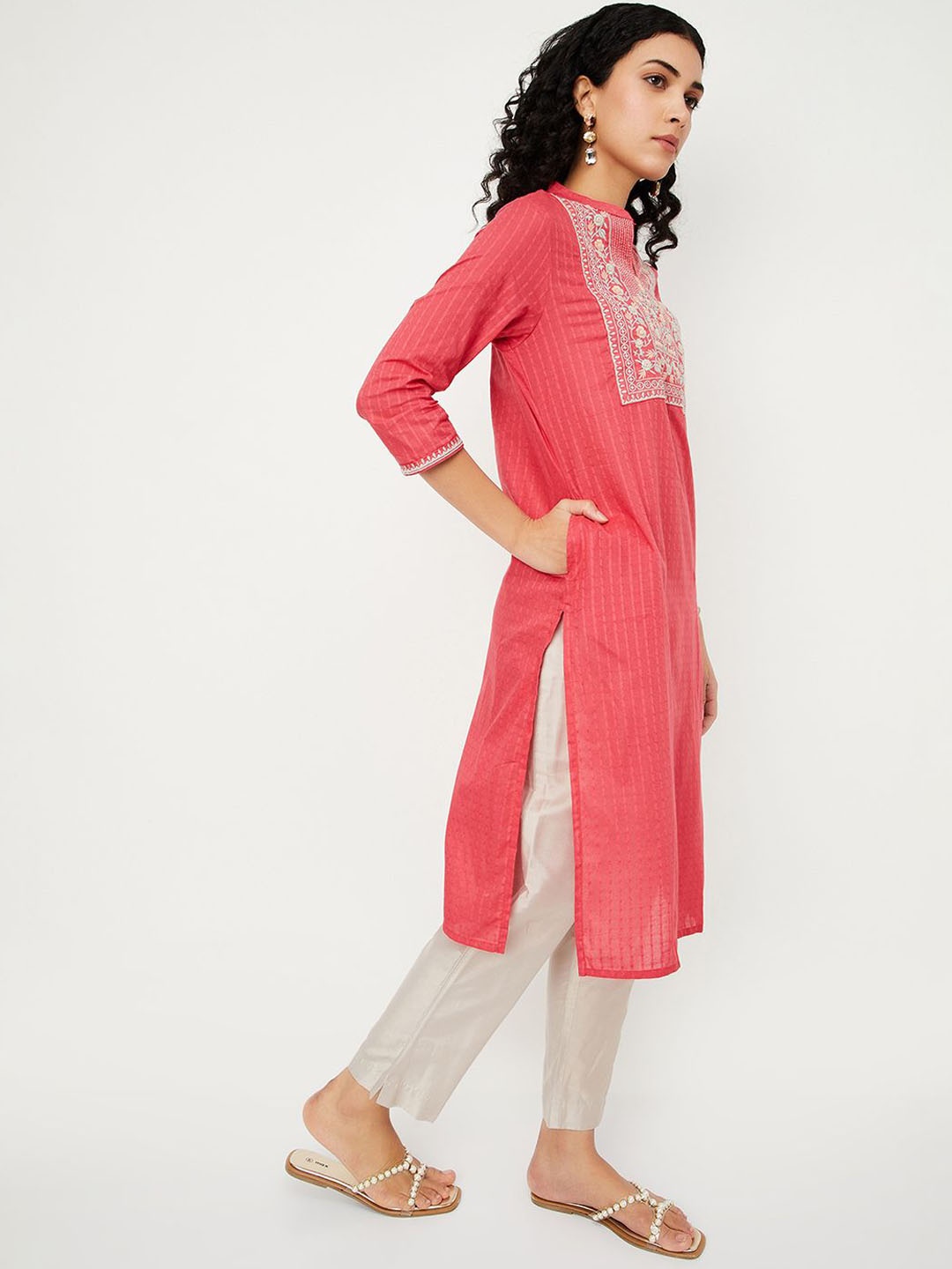 

max Mandarin Collar Floral Yoke Design Thread Work Straight Cotton Kurta, Orange