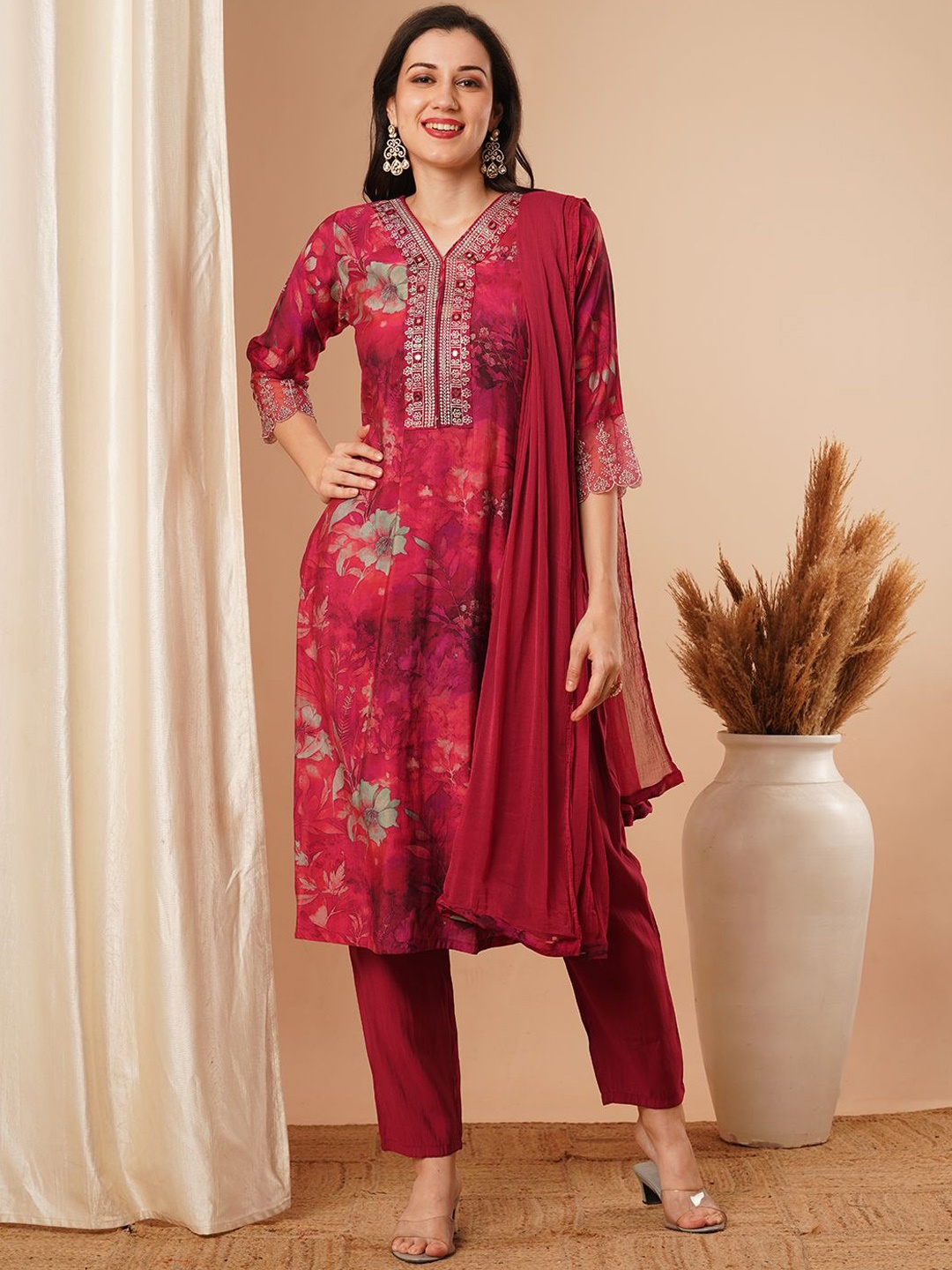 

FASHOR Abstract Printed Mirror Work Straight Kurta With Trousers & Dupatta, Magenta