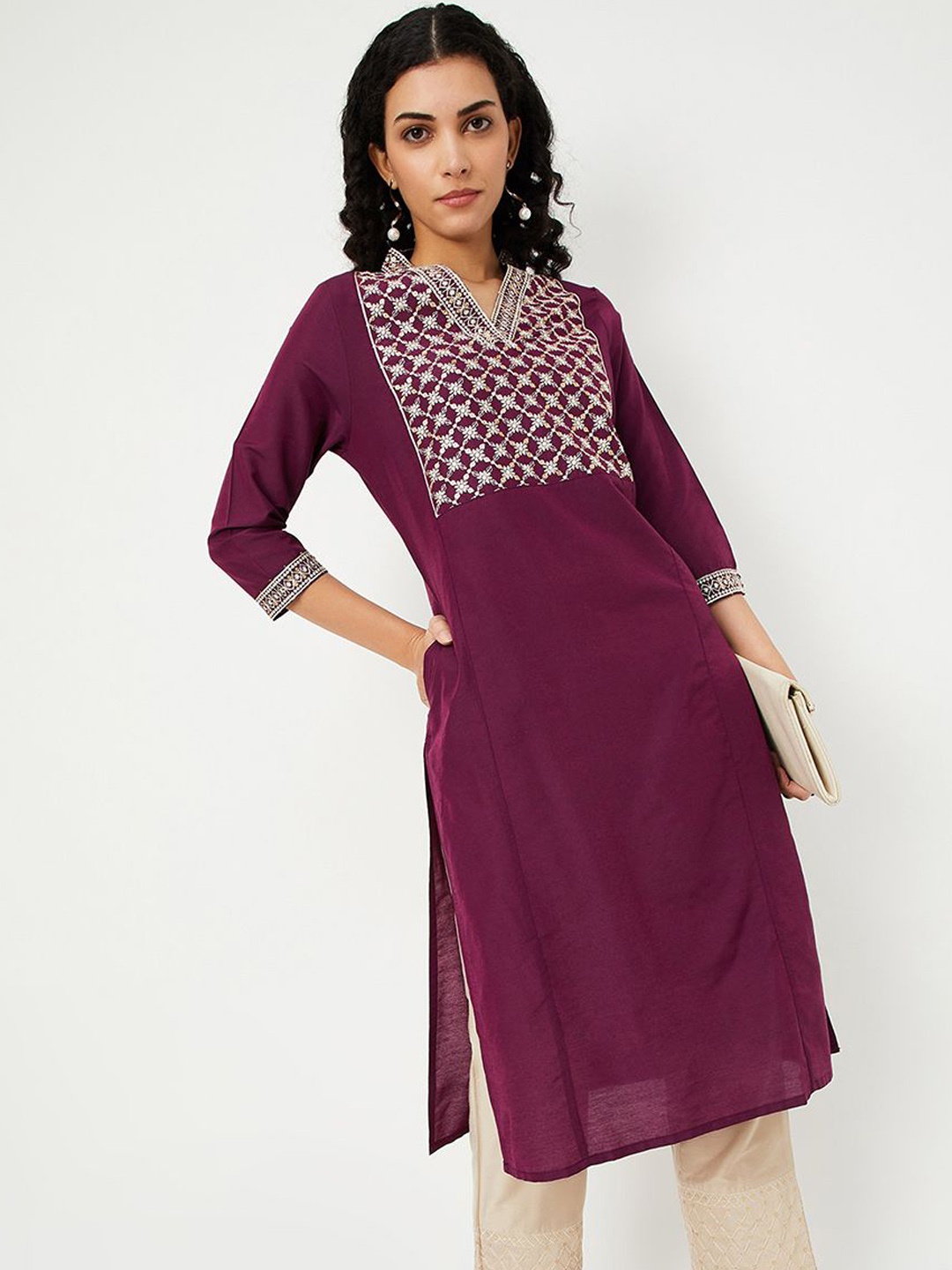 

max Floral Embroidered Sequins Straight Kurta, Purple