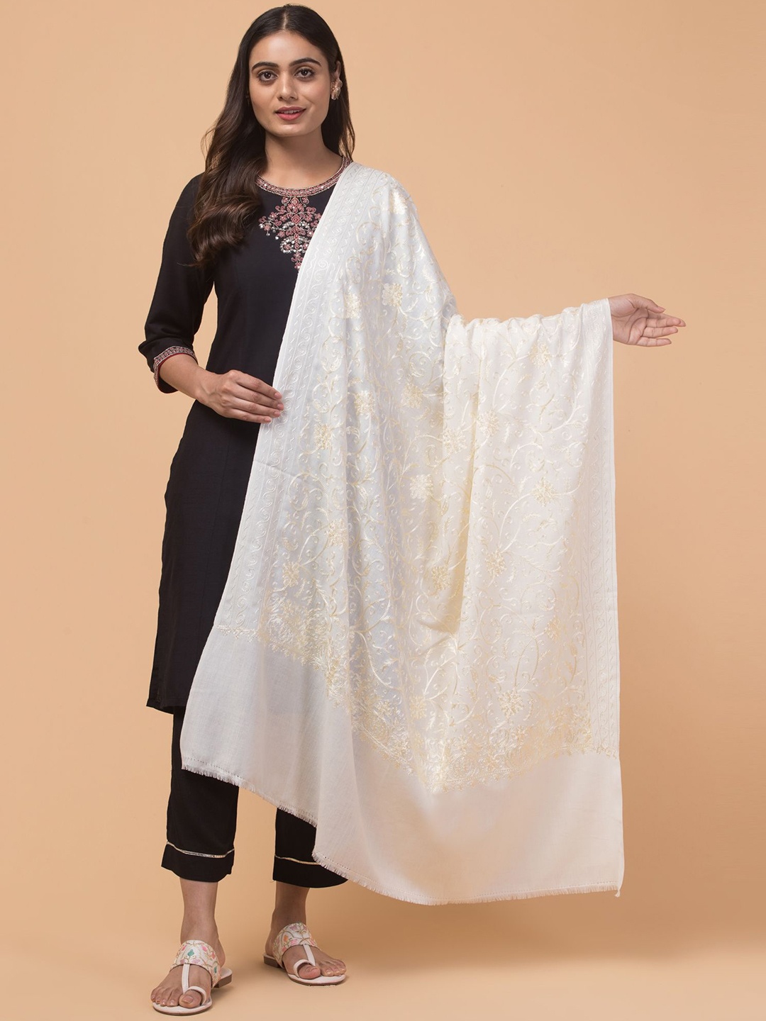 

Tweedle Floral Embroidered Acrylic Shawl, Off white