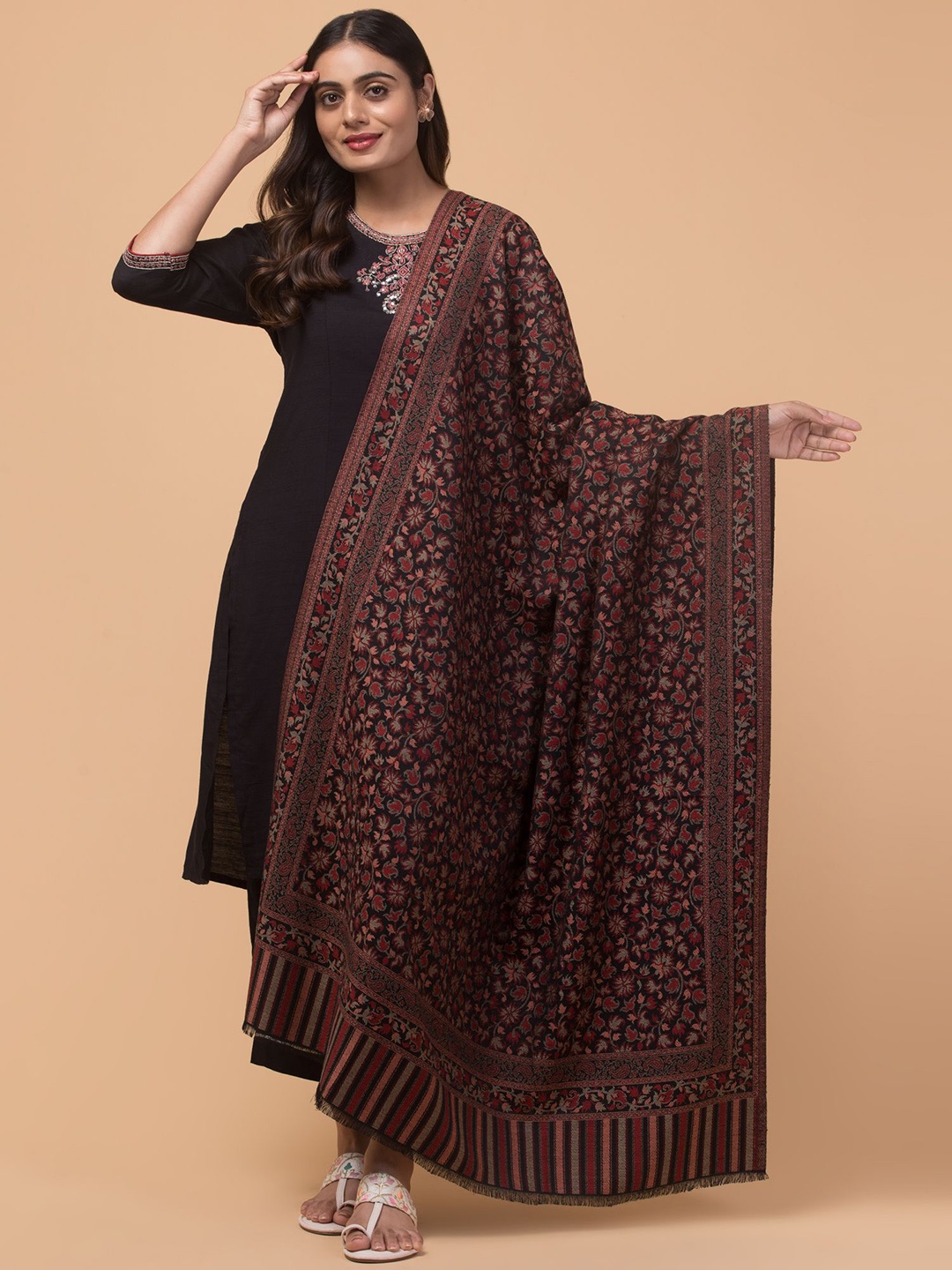 

Tweedle Floral Woven Design Woolen Shawl, Black