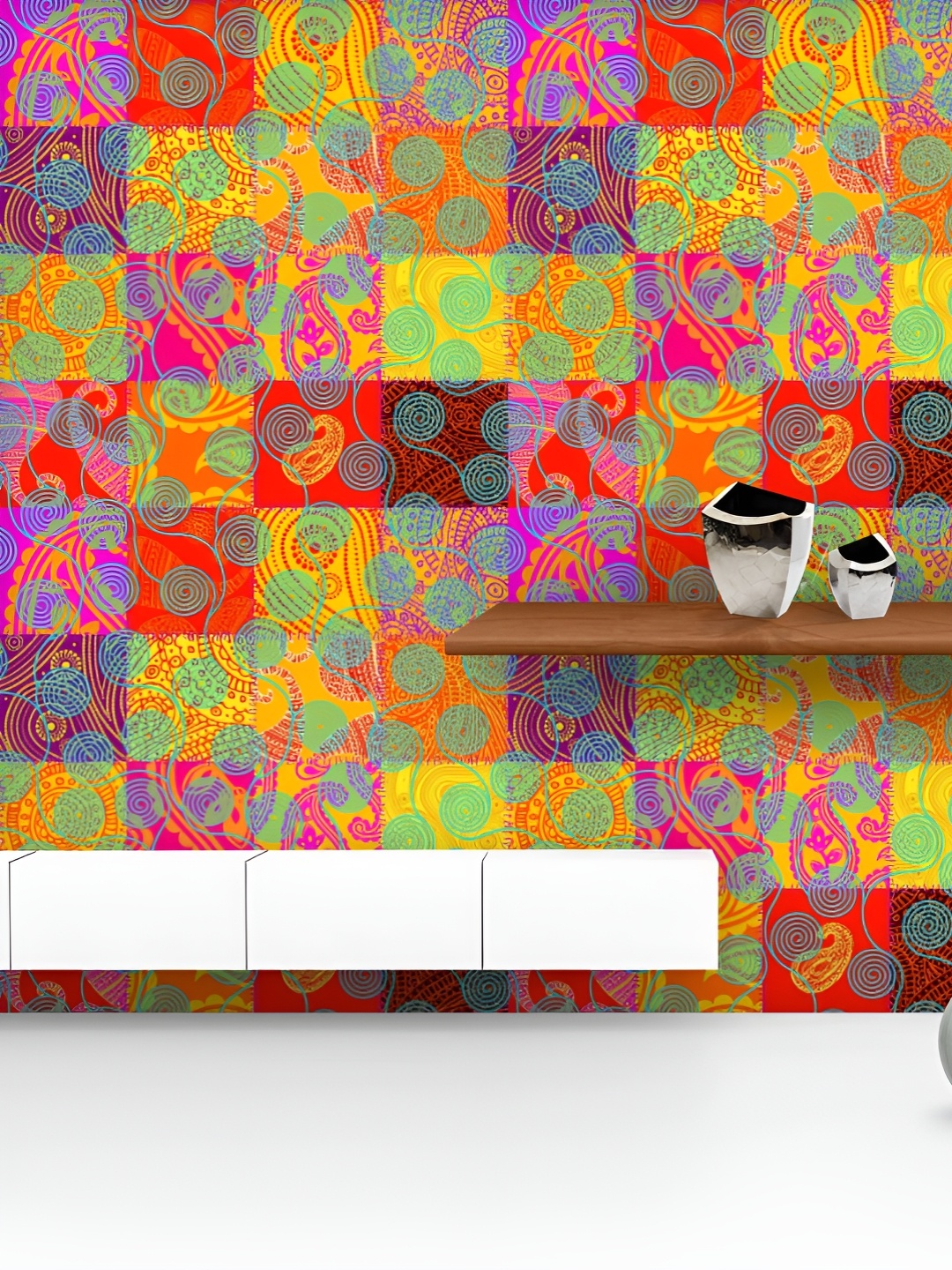 

ArtzFolio Printed UV-Resistant Anti-Bacterial Indian Retro Curly Ornament Art Peel & Stick Wallpaper, Multi