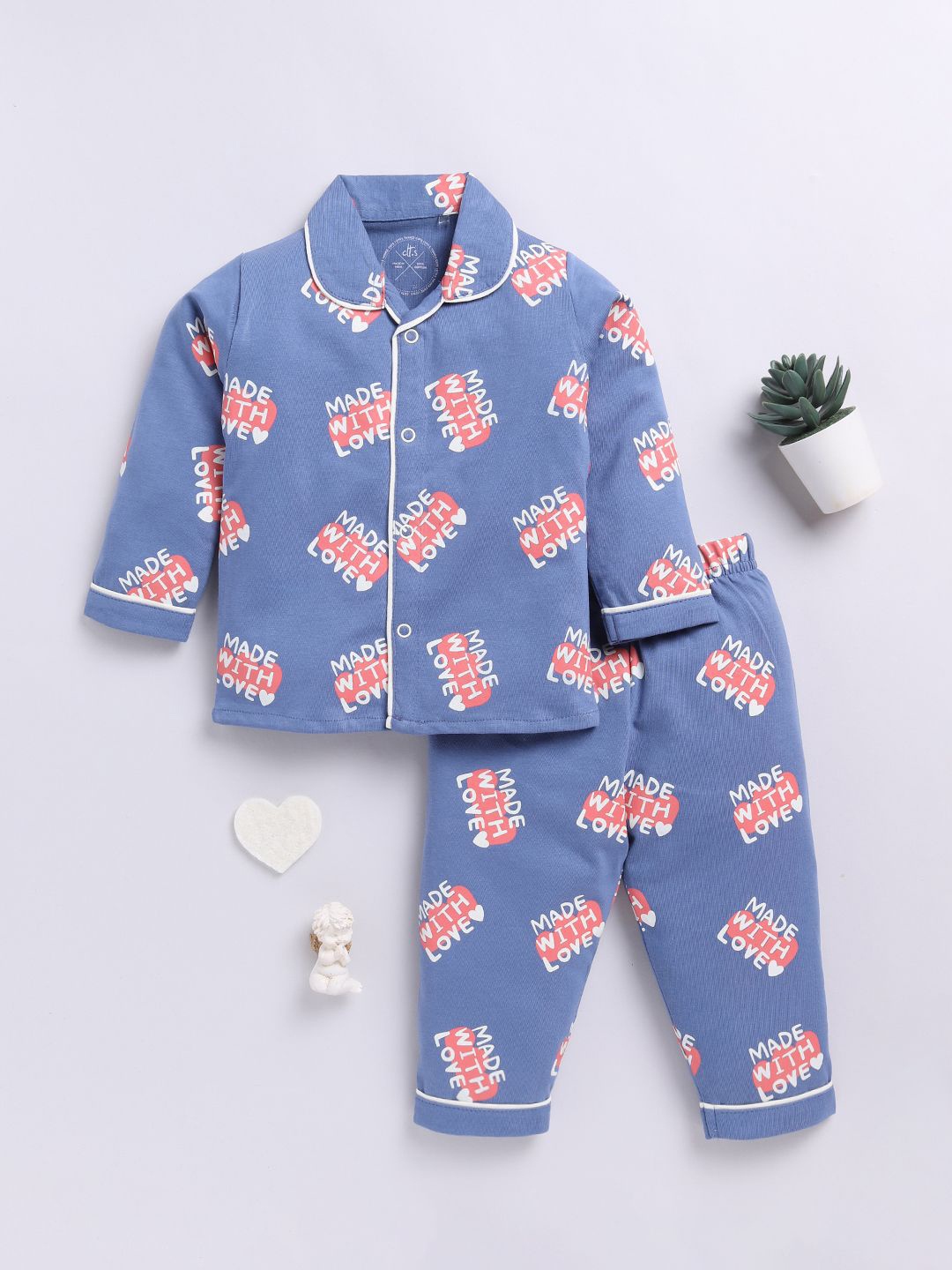 

Clt.s Kids Typography Printed Pure Cotton Shirt Collar Long Sleeves Night Suit, Blue