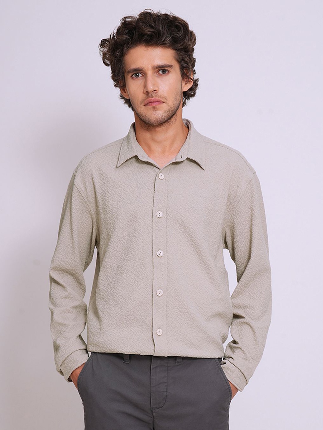 

SELECTED Men Spread Collar Textured Casual Shirt, Beige