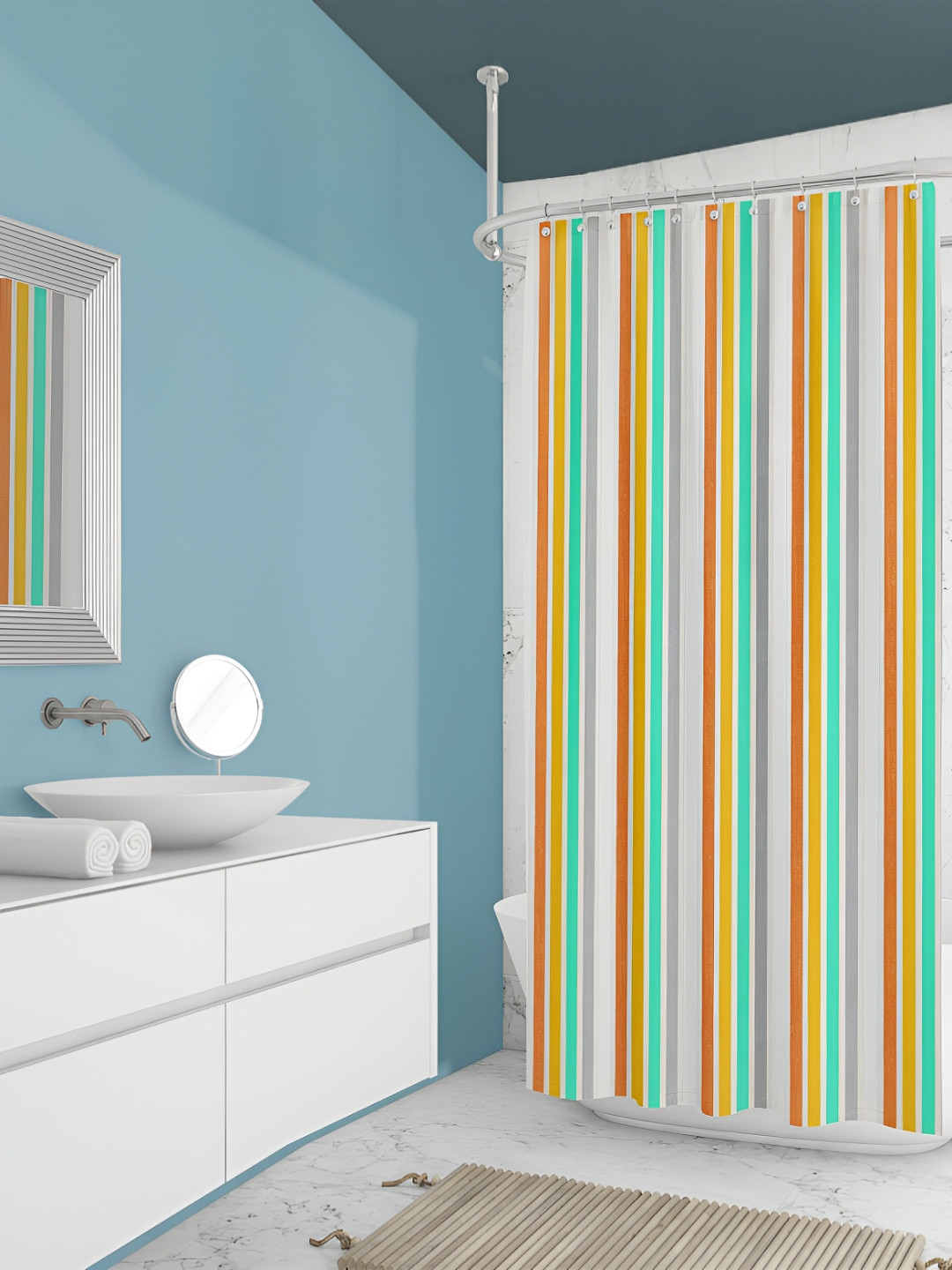 

ArtzFolio White & Blue Striped Waterproof Shower Curtain