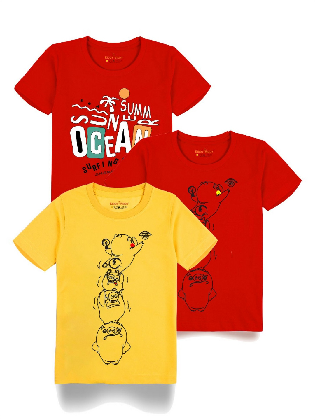 

Kiddy Viddy Boys Pack Of 3 Typography Printed Round Neck Cotton T-shirts, Yellow