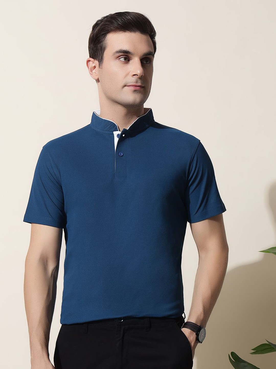 

MUWIN Men Mandarin Collar Pockets T-shirt, Navy blue