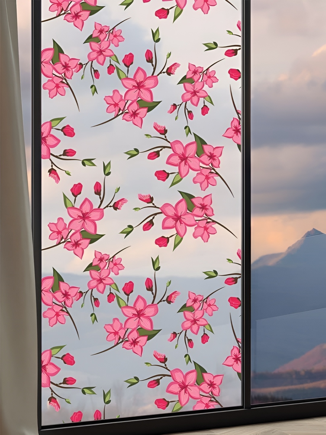 

CVANU Transparent & Pink Floral Printed Self Adhesive Window Decals and Stickers
