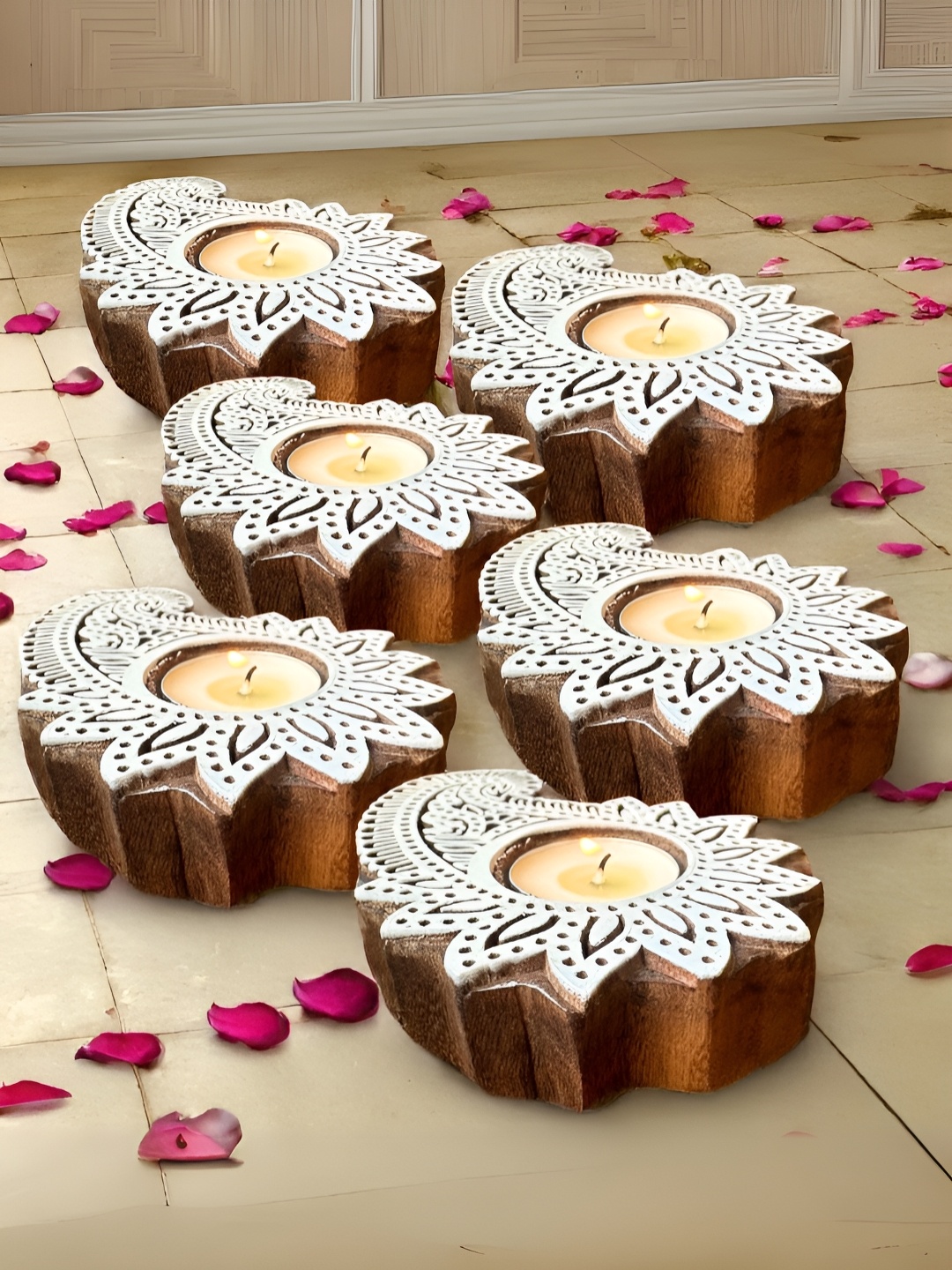 

Peepul Tree Brown & White 6 Pieces Textured Wooden Flower Candle Holders