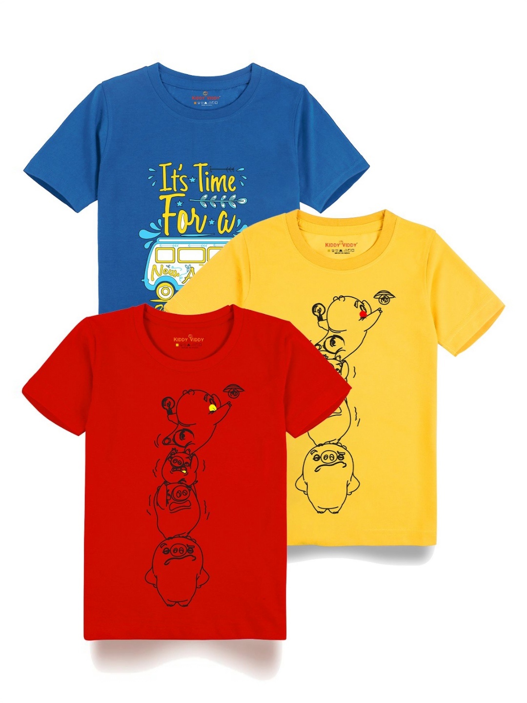 

Kiddy Viddy Boys Pack Of 3 Typography Printed Round Neck Cotton T-shirts, Yellow
