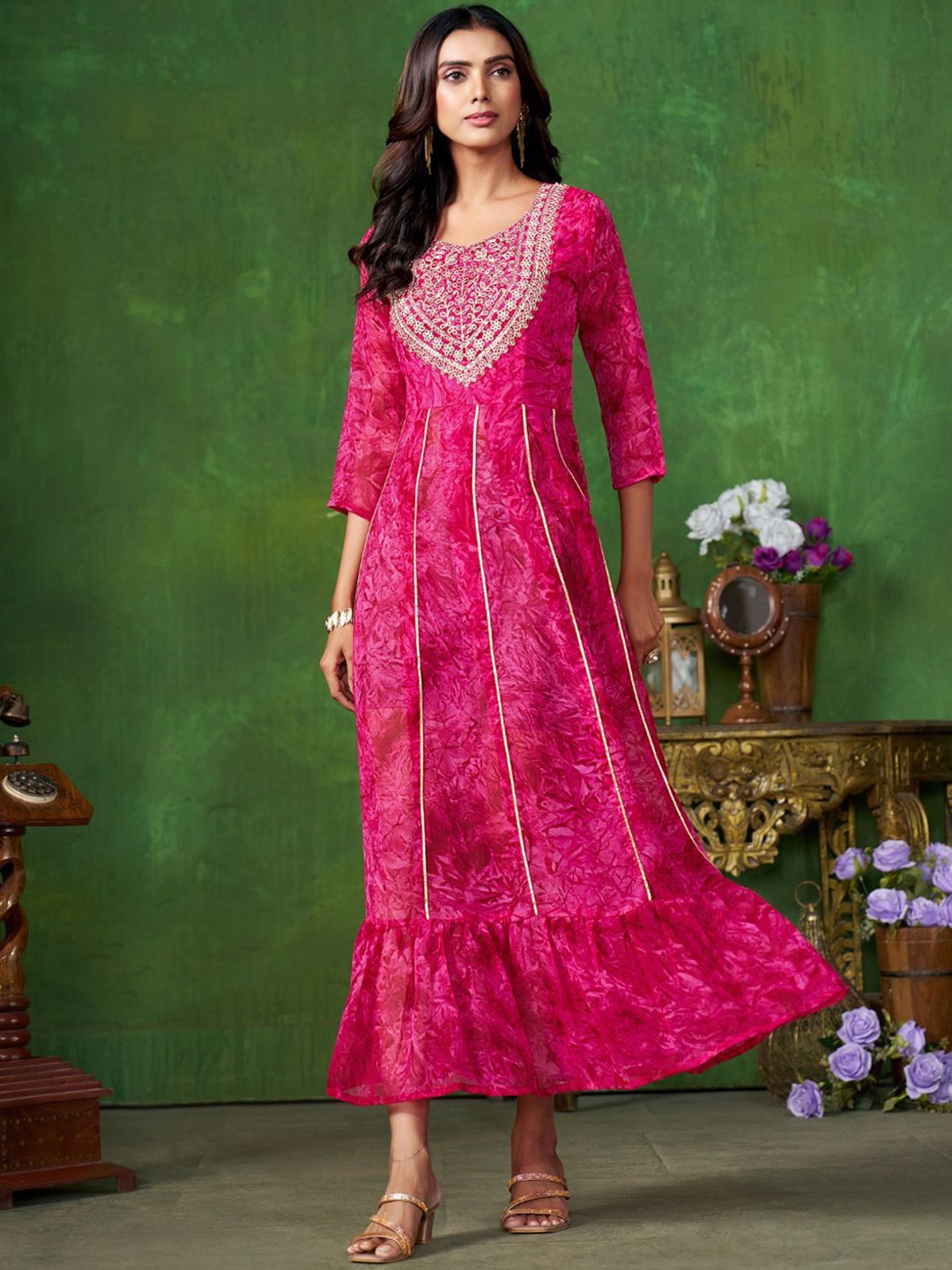 

KALINI Digitally Printed & Embroidered Fit & Flare Maxi Ethnic Dress, Pink