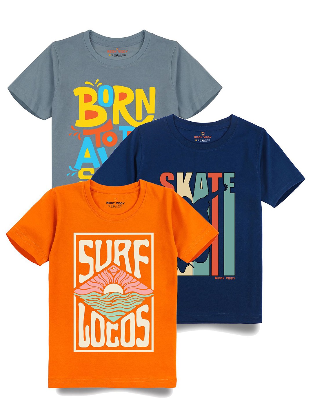 

Kiddy Viddy Boys Pack Of 3 Typography Printed Round Neck Cotton T-shirts, Navy blue