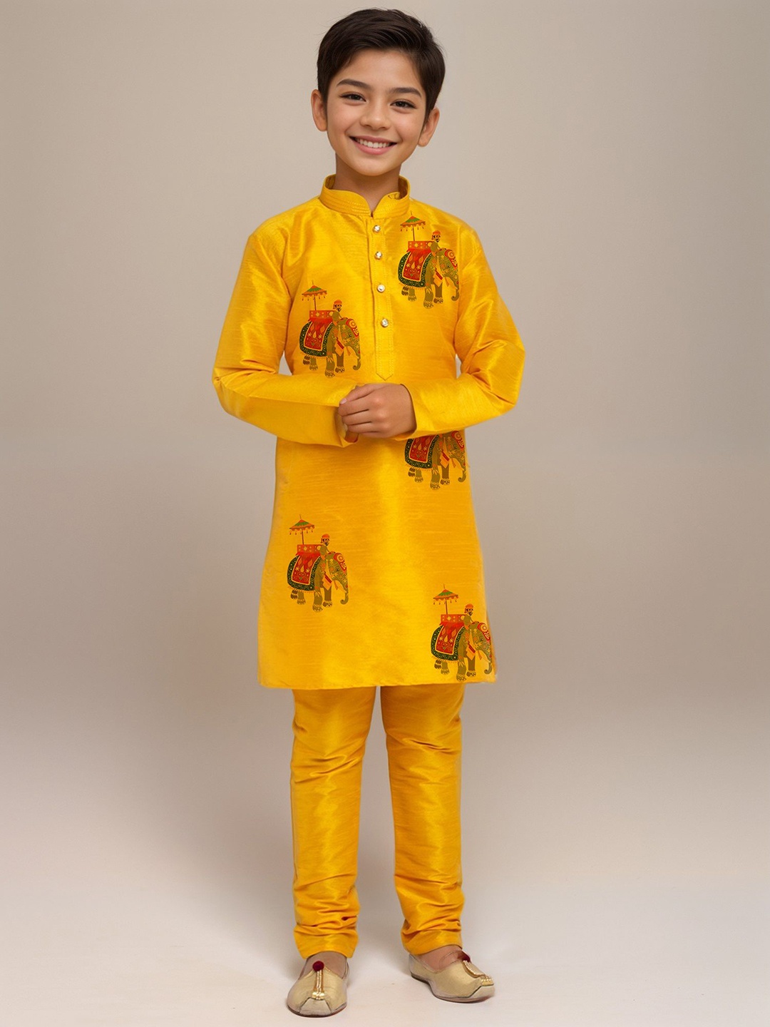 

DEVOILER Boys Ethnic Motifs Printed Mandarin Collar Straight Kurta, Mustard