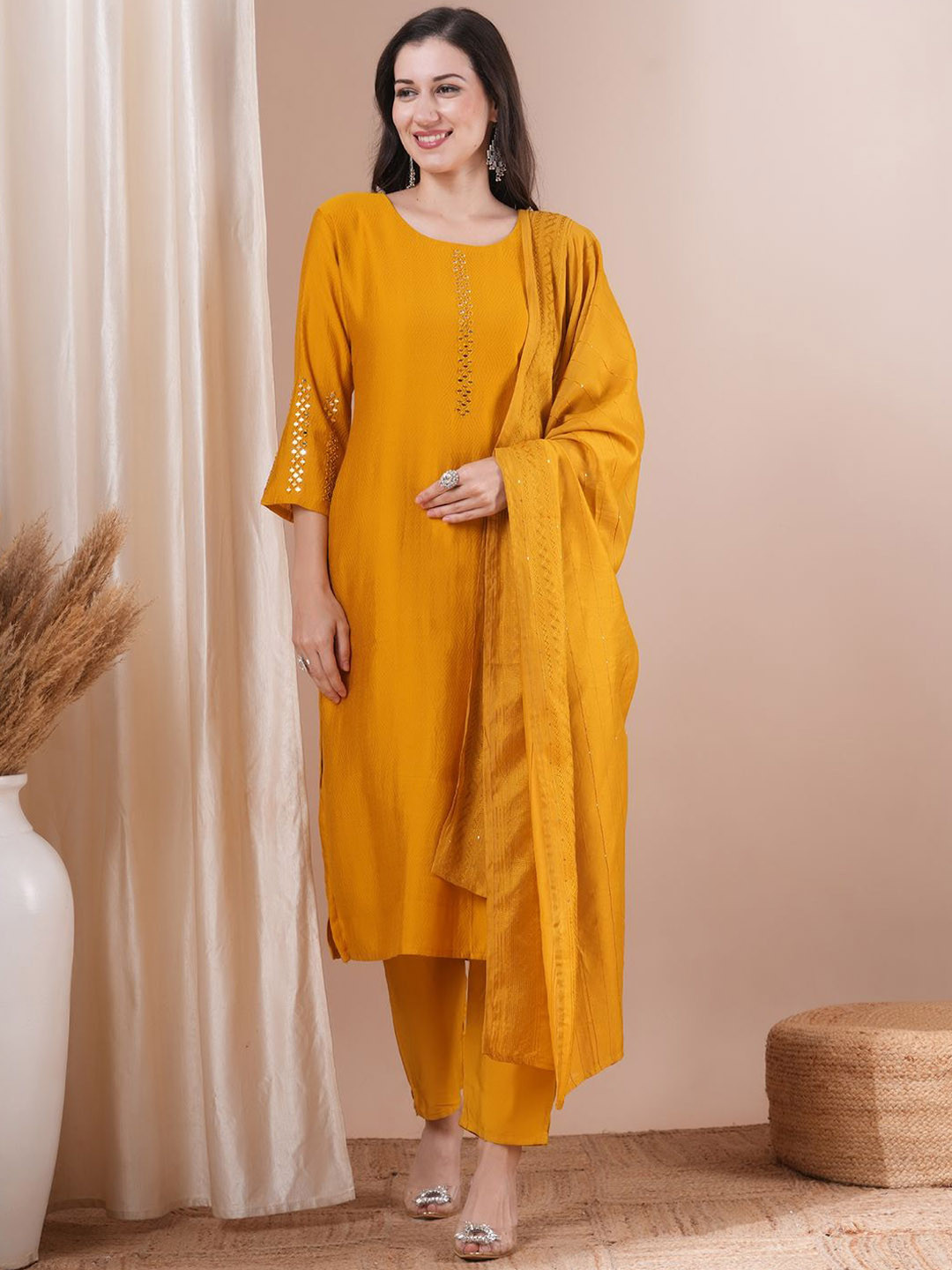 

FASHOR Floral Embroidered Mirror Work Straight Kurta With Trouser & Dupatta, Mustard