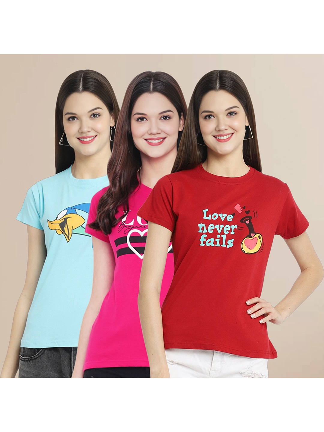 

Metronaut Women Pack Of 3 Graphic Printed Round Neck Cotton Looney Tunes T-shirts, Blue