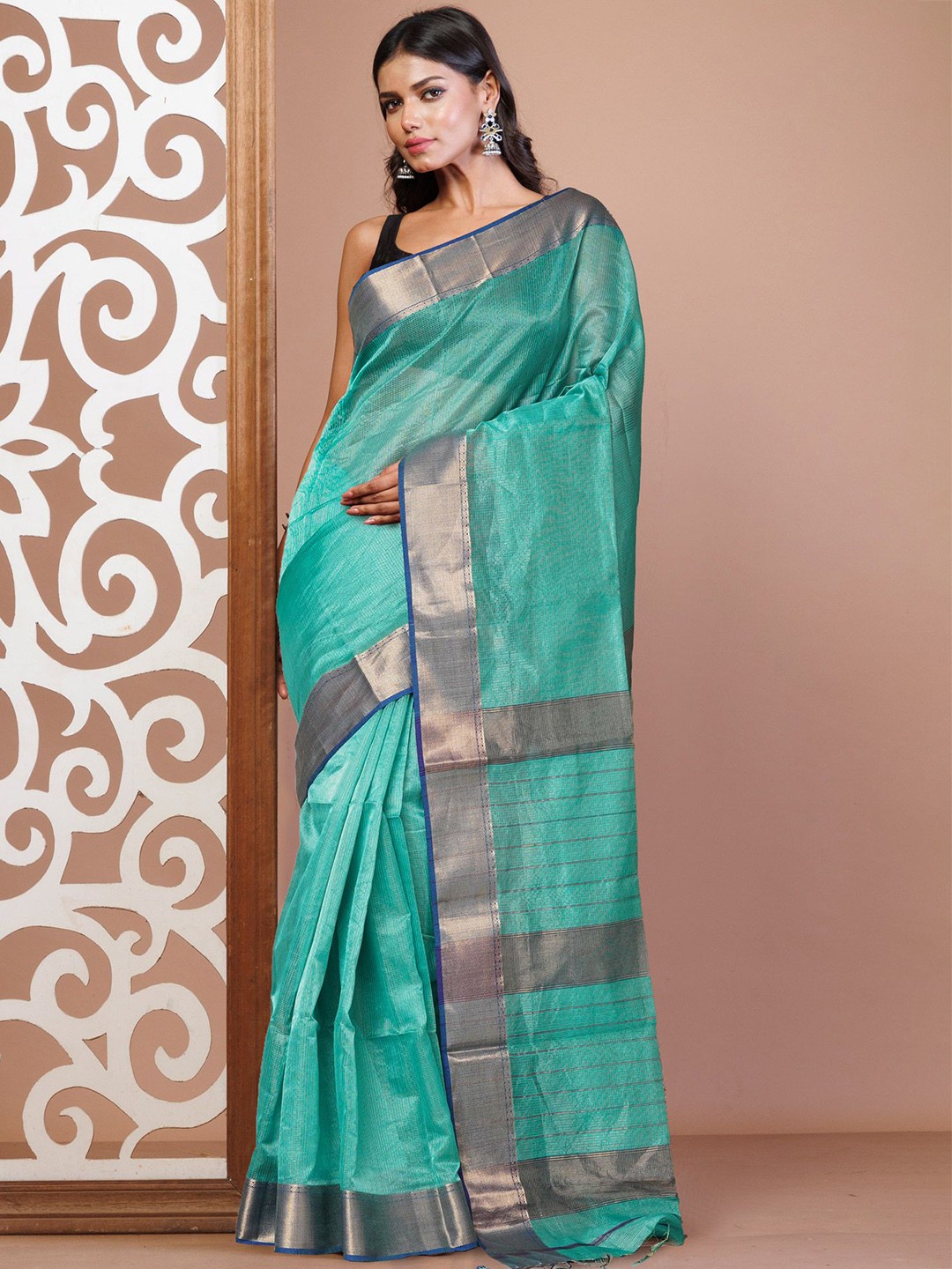 

Unnati Silks Woven Design Zari Handloom Maheshwari Saree, Green