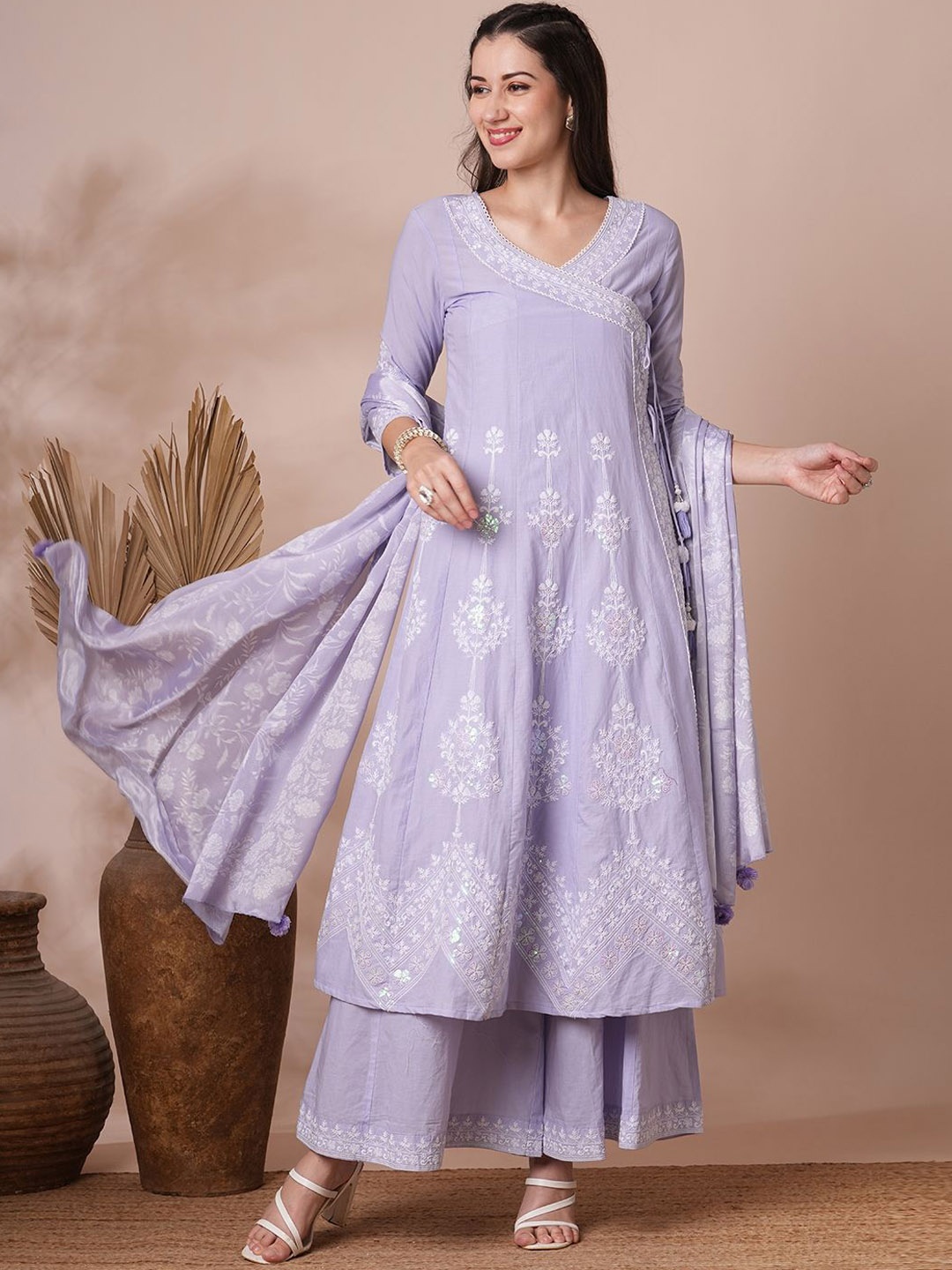 

FASHOR Floral Embroidered Panelled Sequinned Pure Cotton Kurta with Palazzos & Dupatta, Lavender