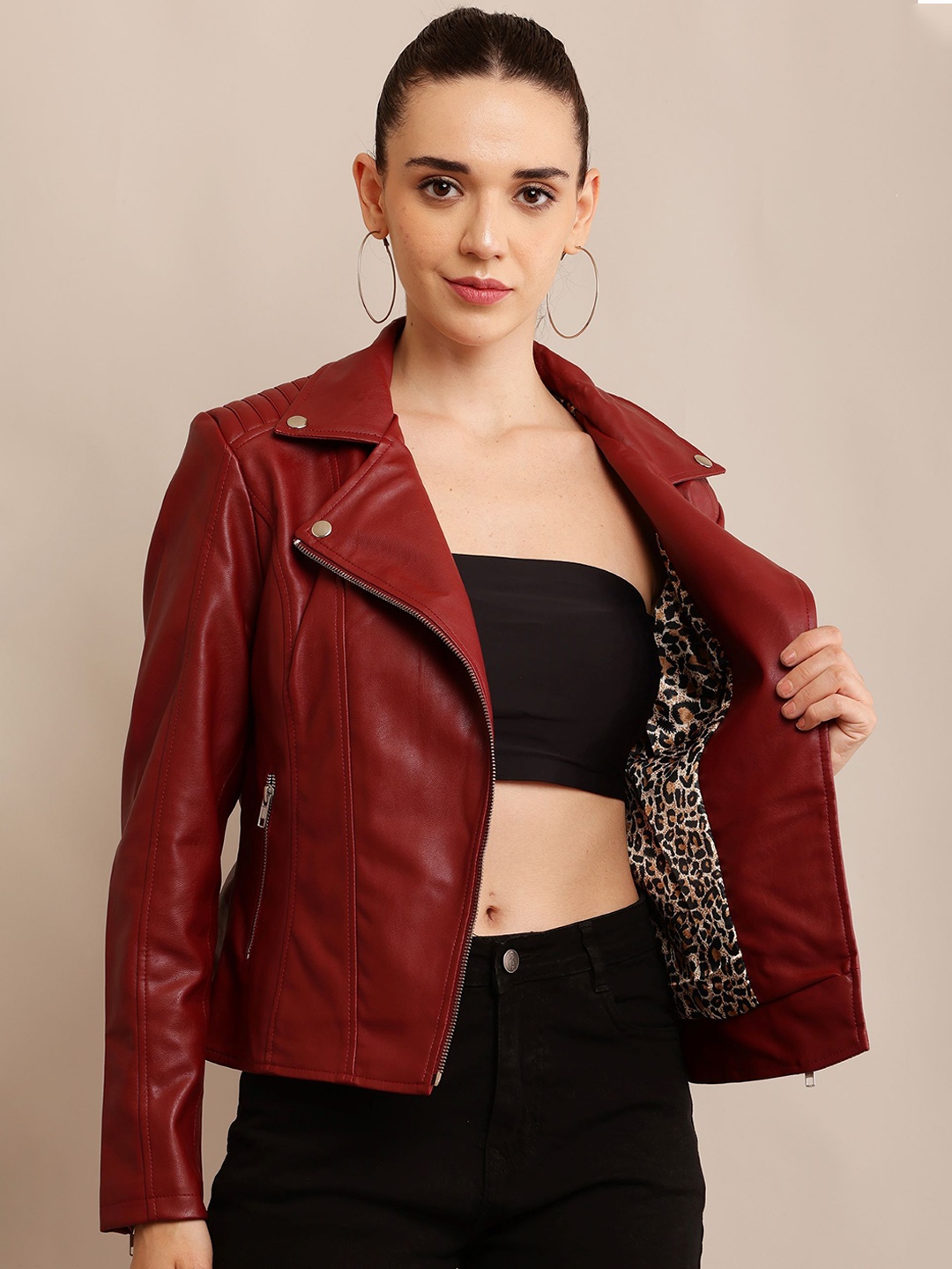 

TBOJ Women Leather Lightweight Crop Outdoor Leather Jacket, Maroon