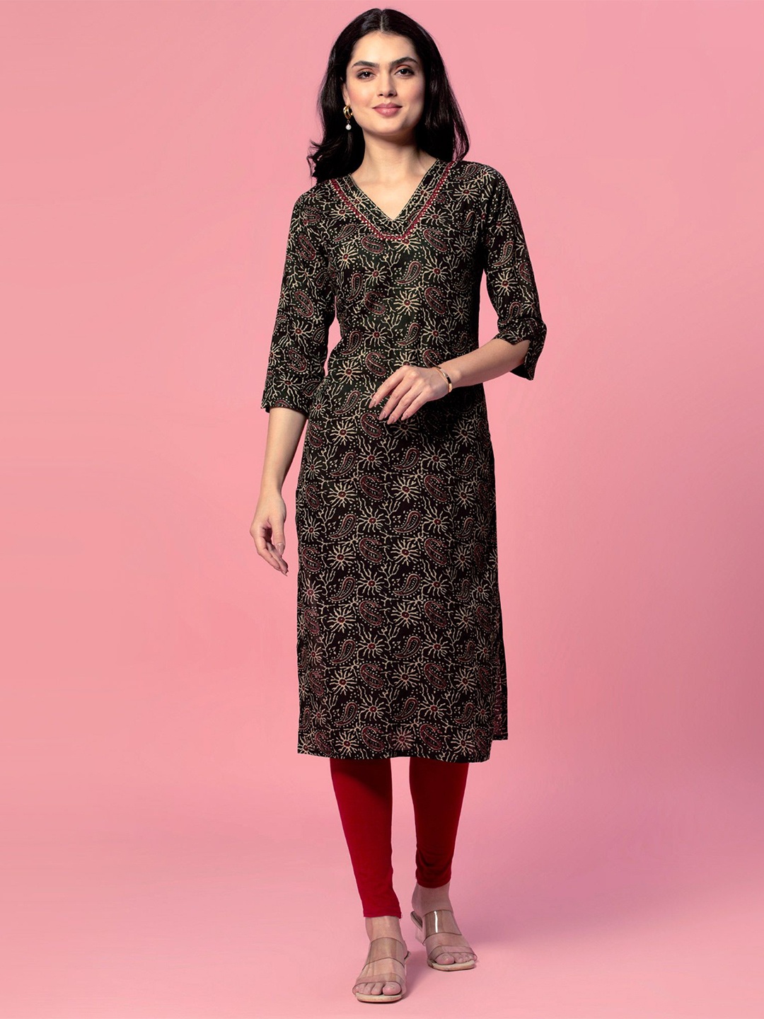 

Peachmode Ethnic Motifs Printed Thread Work V-Neck Pure Cotton Straight Kurta, Black