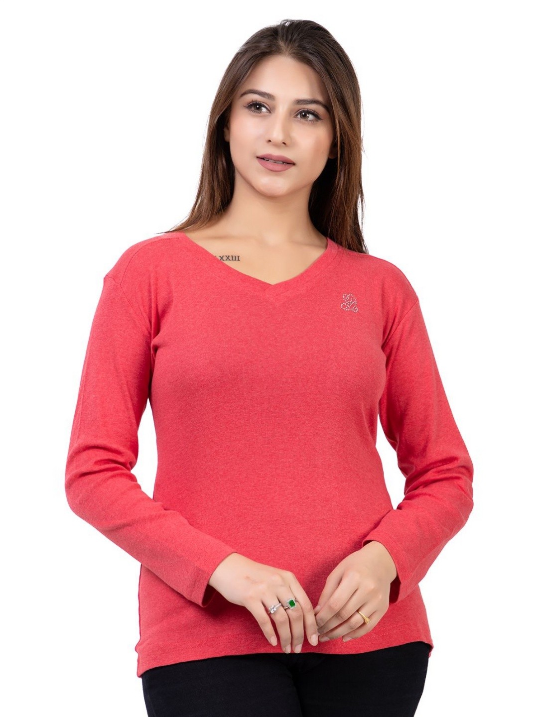 

ARIIX Women V-Neck Pockets Slim Fit T-shirt, Red