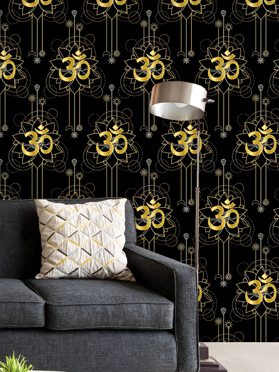 

ArtzFolio Printed UV-Resistant Anti-Bacterial Gold Om Mantra And Lotus Peel & Stick Wallpaper, Multi