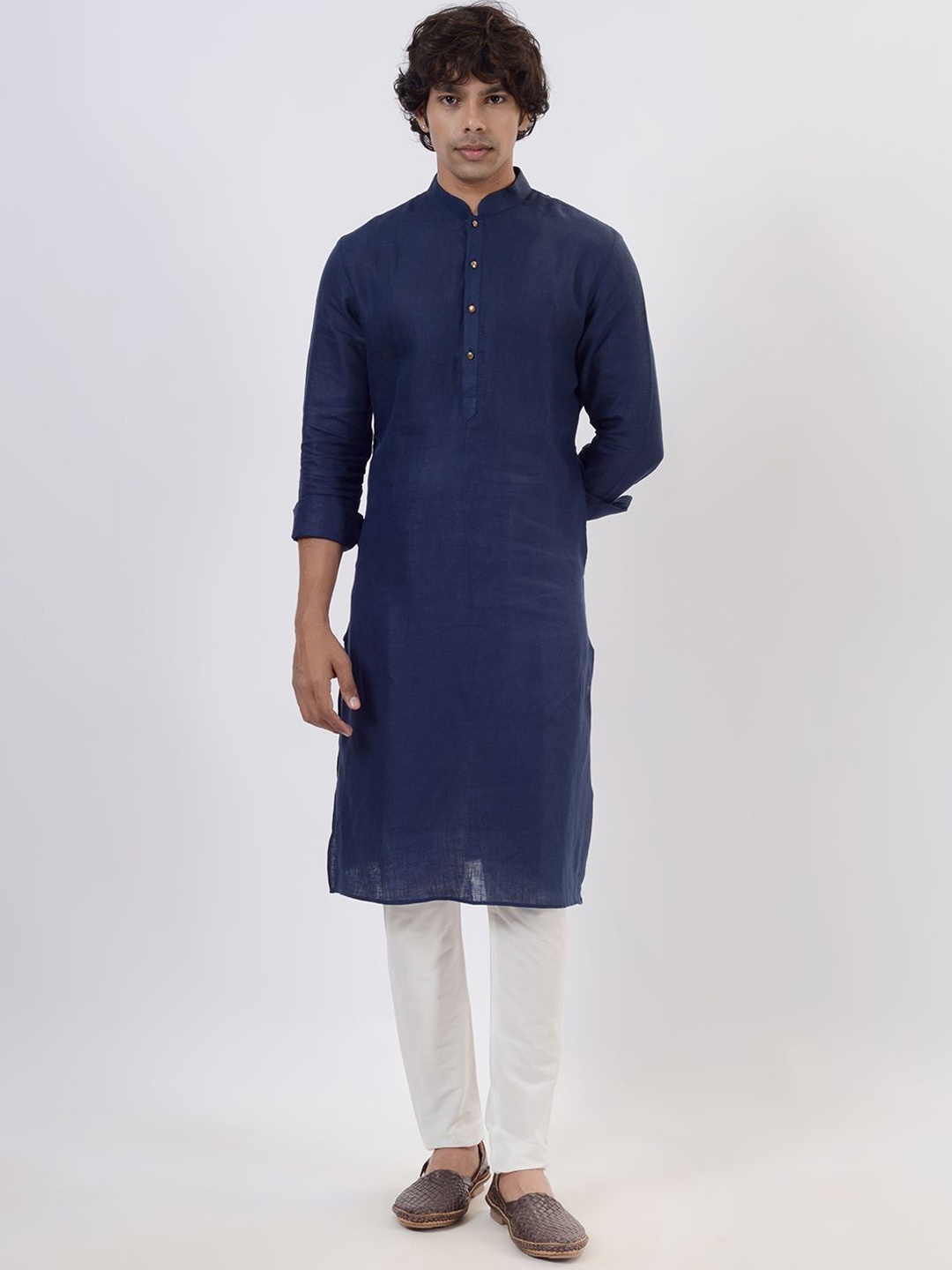 

azania Mandarin Collar Long Sleeves Regular Straight Kurta, Navy blue