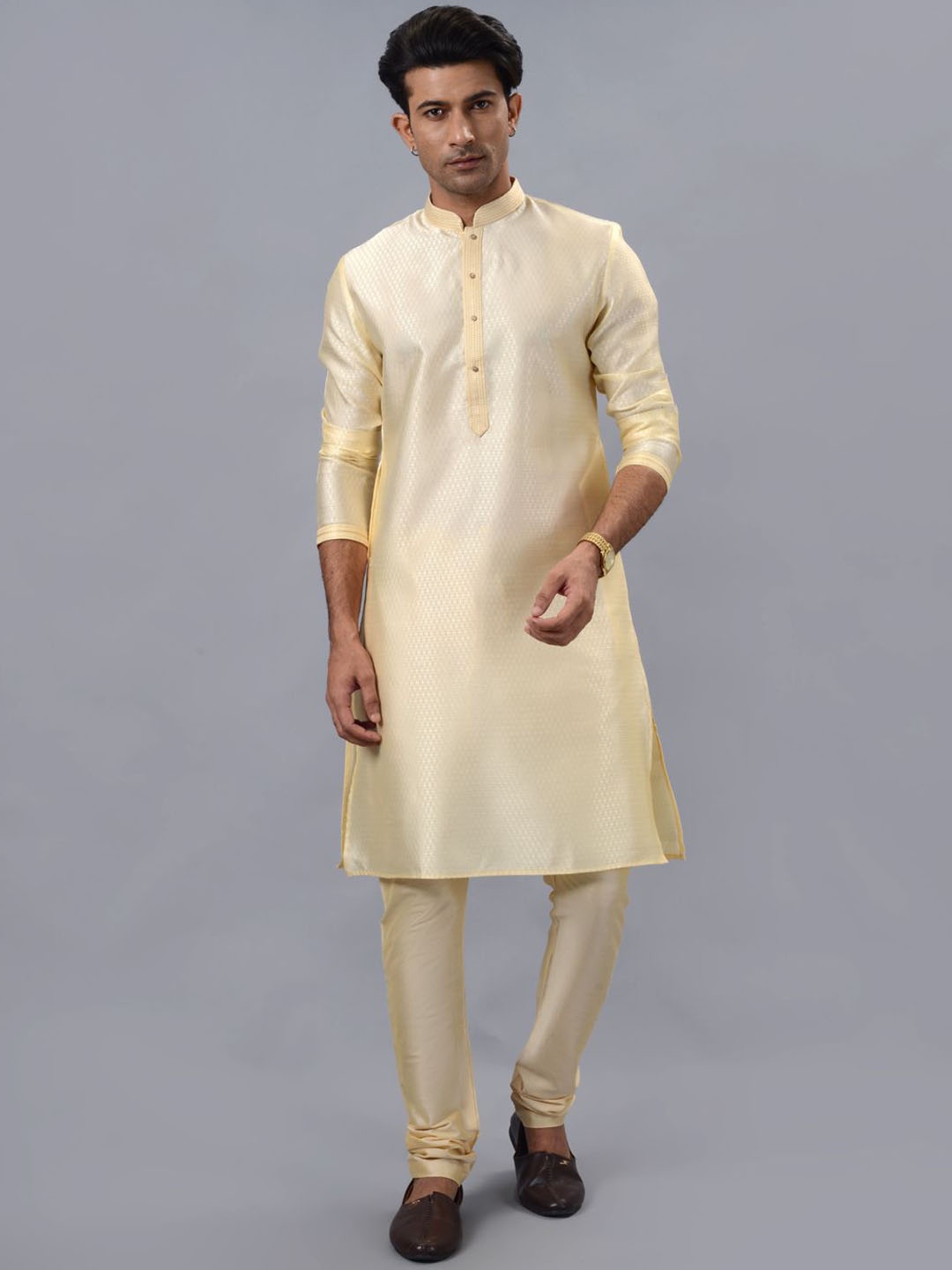

azania Ethnic Motifs Woven Design Mandarin Collar Straight Kurta with Pyjama, Beige
