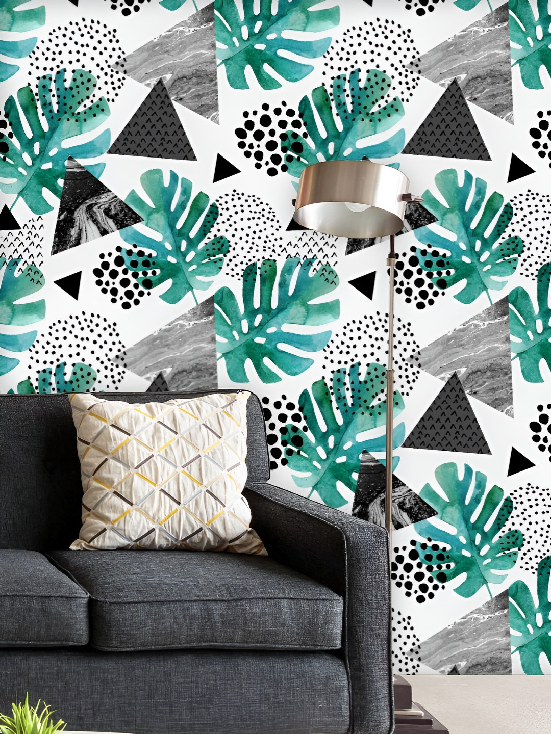 

ArtzFolio Printed UV-Resistant Anti-Bacterial Watercolor Tropical Leaves & Triangles Peel & Stick Wallpaper, Multi