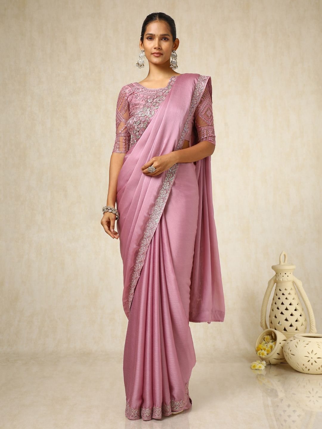 

Soch Embellished Sequinned Pure Chiffon Saree, Pink