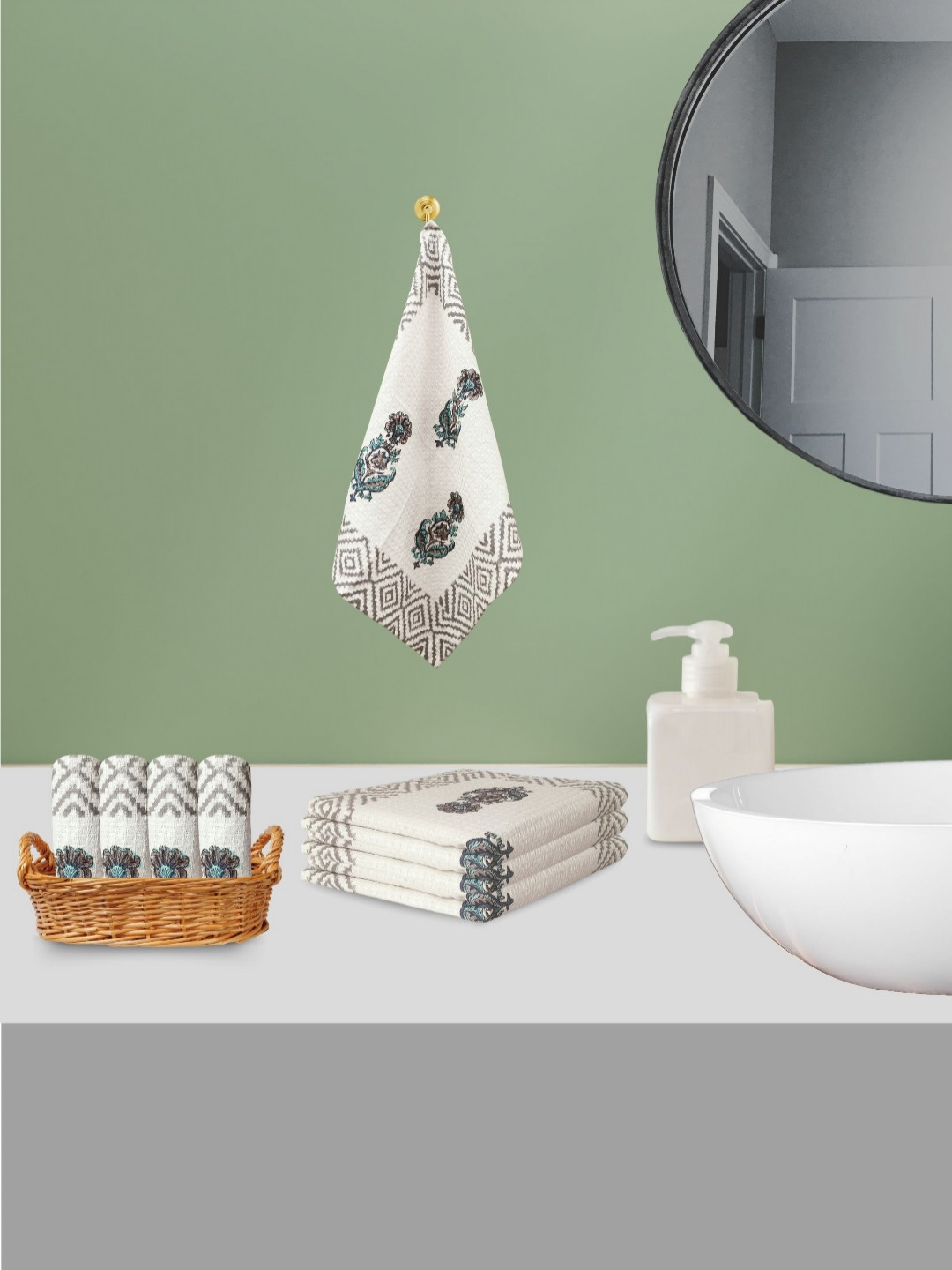 

LIVING ROOTS White 8 Pieces Block Print Waffle Cotton 400 GSM Soft & Absorbent Towel Set