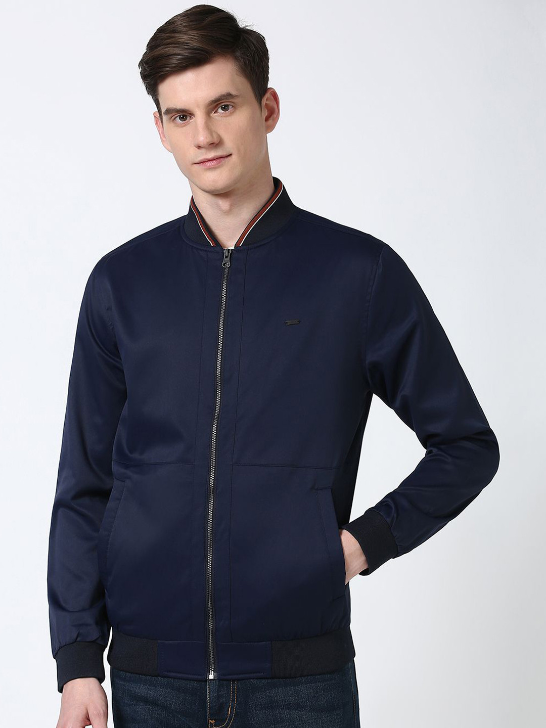 

Peter England Casuals Men Geometric Open Front Jacket with Embroidered, Navy blue