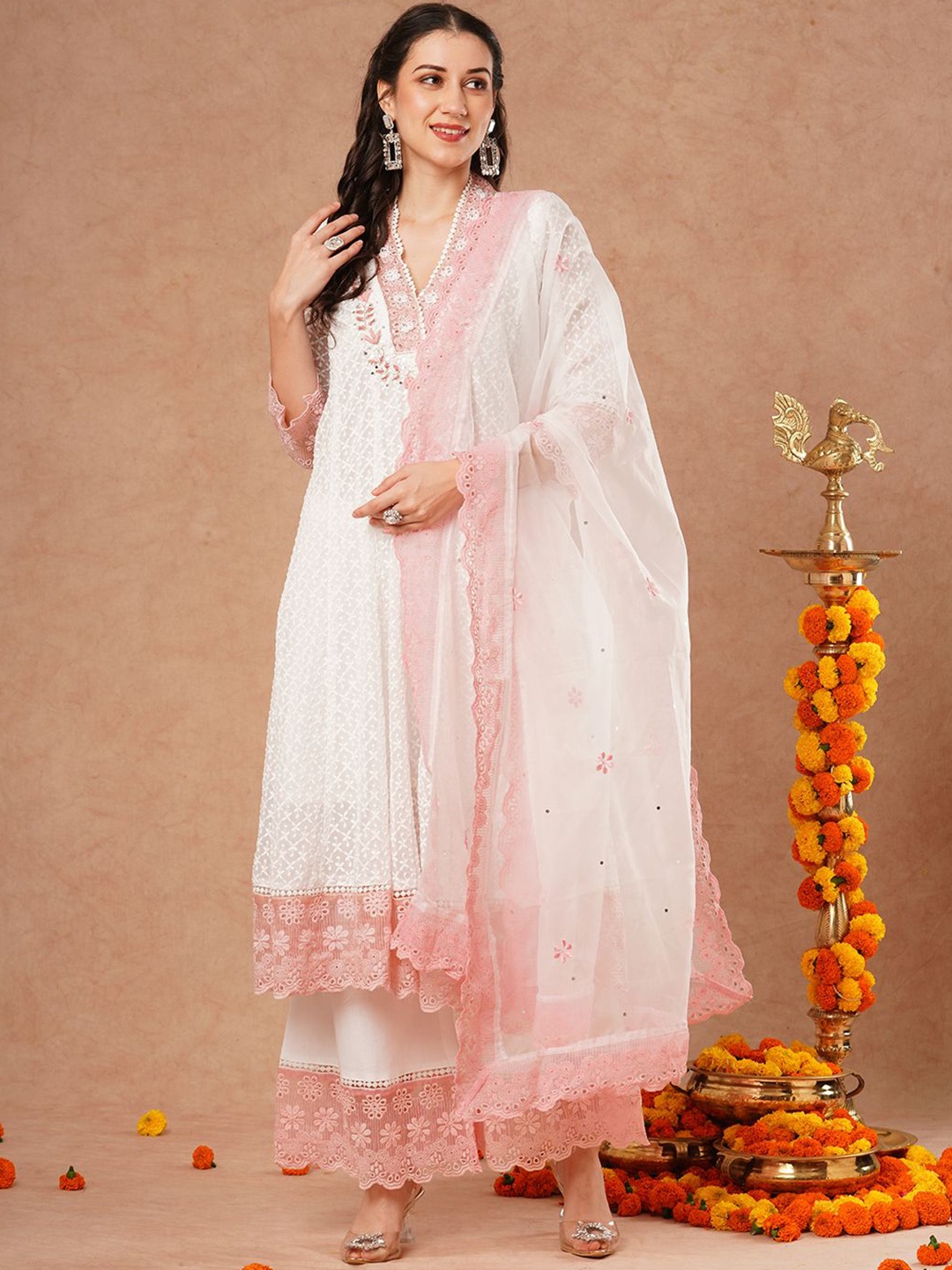 

FASHOR Floral Embroidered A-Line Sequinned Kurta with Palazzos & With Dupatta, White