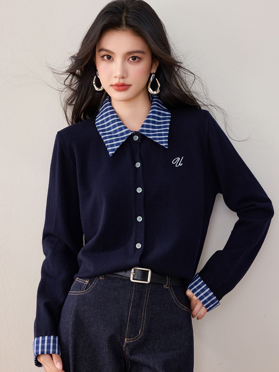 

JC Collection Women Round Neck Cardigan, Navy blue