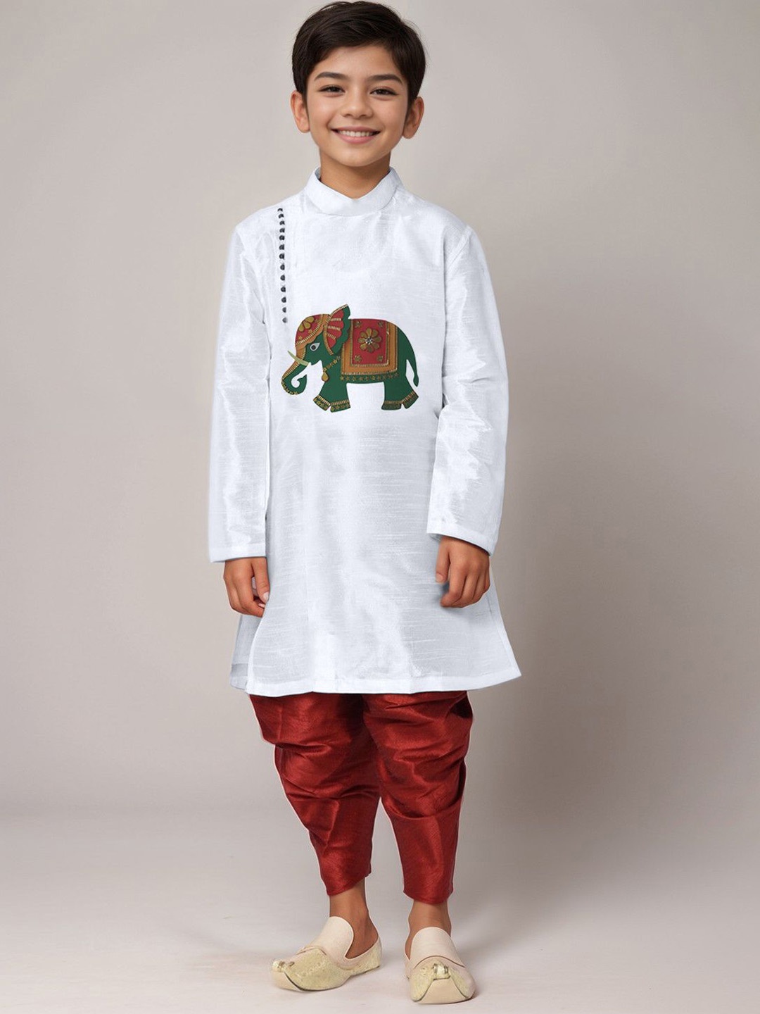 

DEVOILER Boys Animal Printed Regular Art Silk Straight Kurta, White