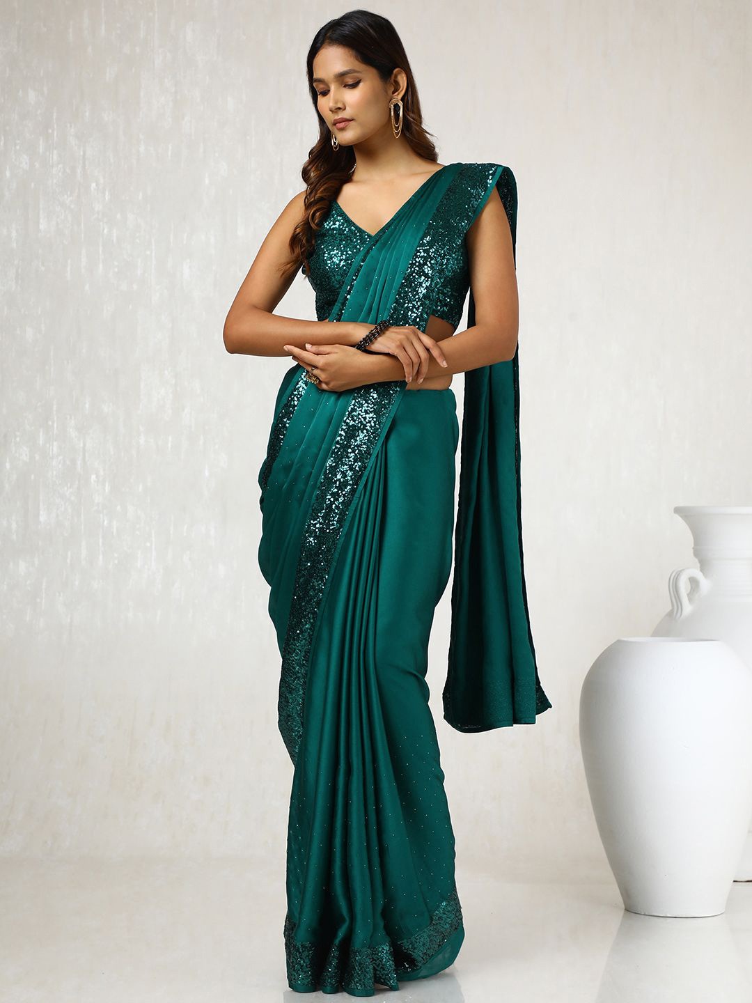 

Soch Embellished Beads and Stones Satin Saree, Teal