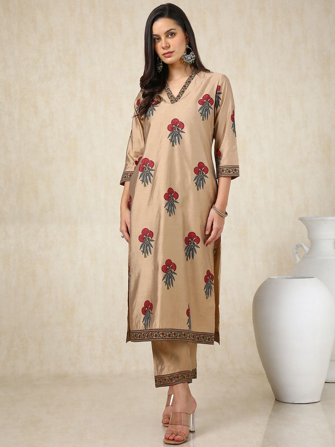 

Soch Brown Floral Printed V-Neck Three-Quarter Sleeves Regular Kurta With Trouser