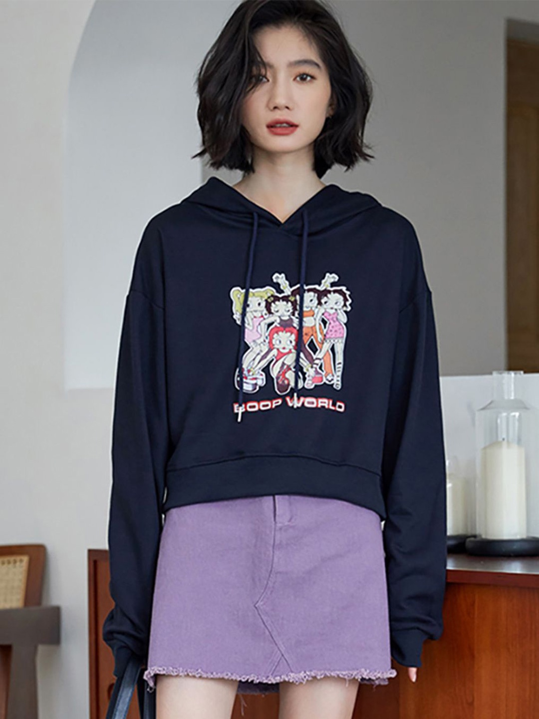 

JC Mode Women Printed Hooded Sweatshirt, Navy blue
