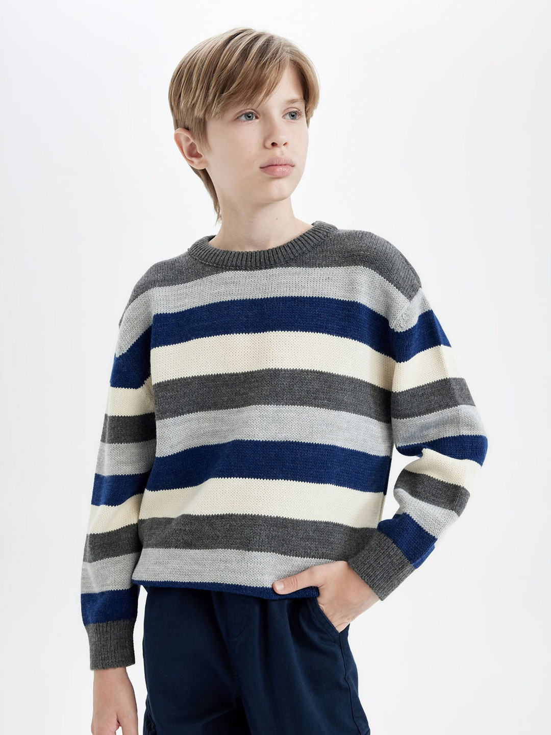 

DeFacto Boys Round Neck Striped Pullover, Blue
