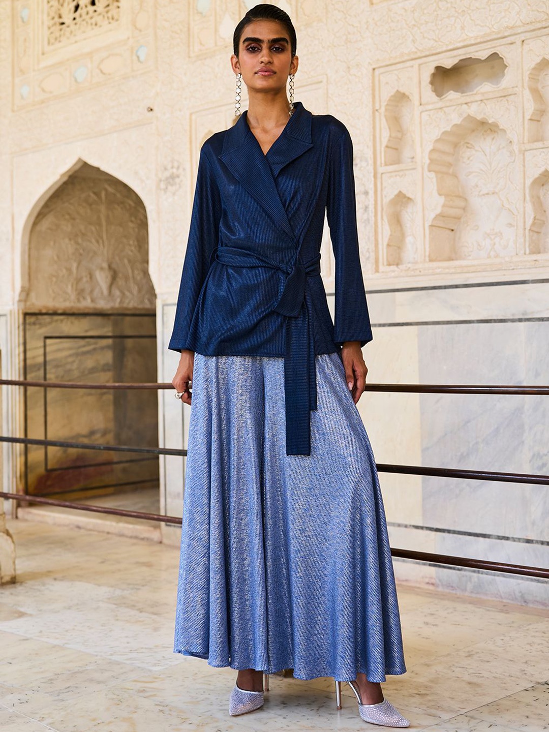 

Dash and Dot Shawl Neck Wrap & Flare Top With Skirt, Blue