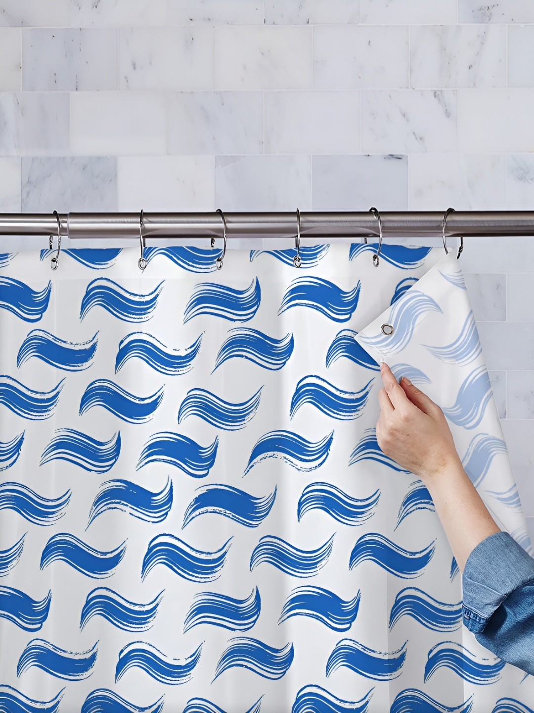 

ArtzFolio White & Blue Printed Waterproof Shower Curtains