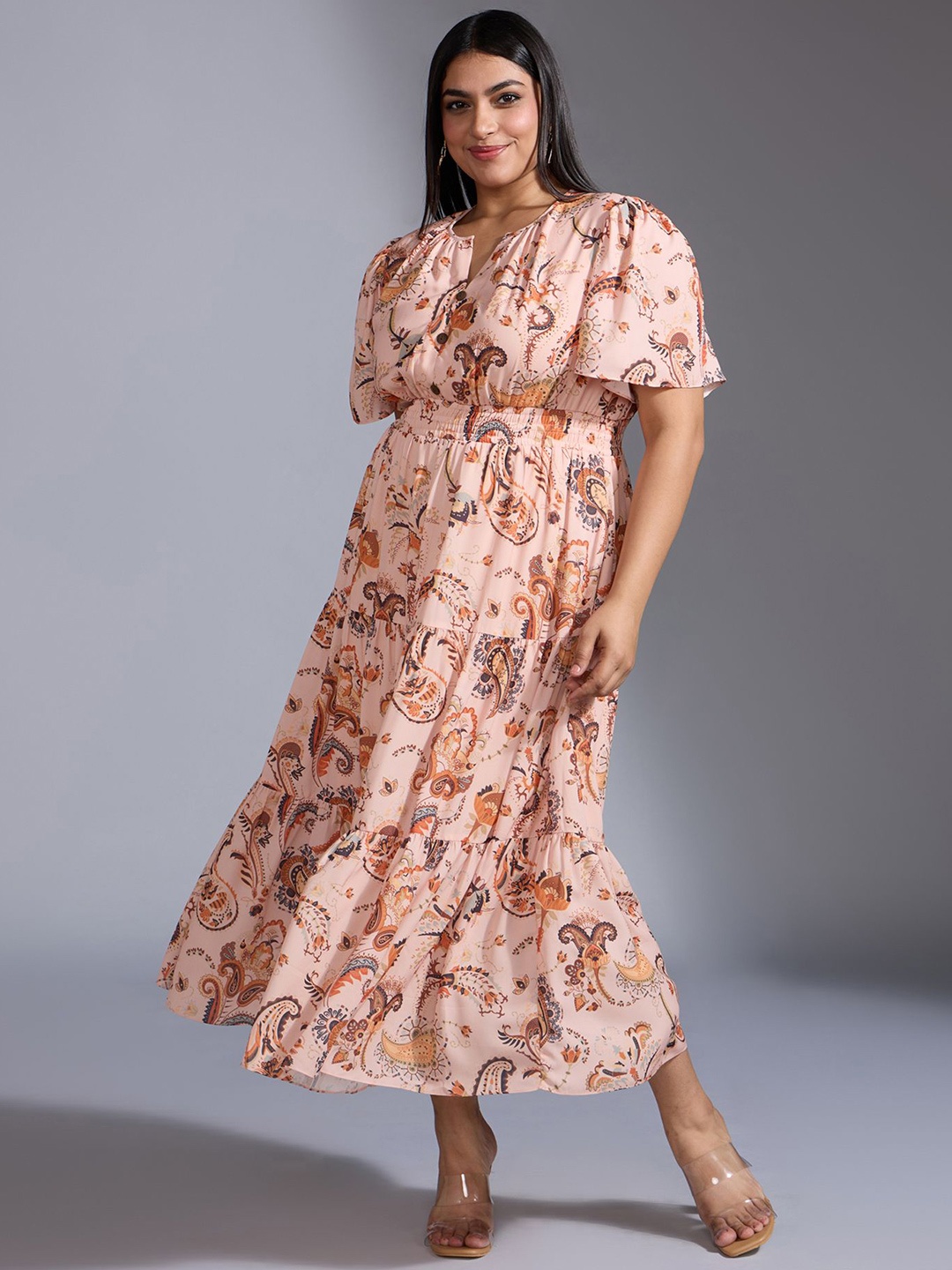 

20Dresses Printed Flared Sleeve Fit & Flare Midi Dress, Peach